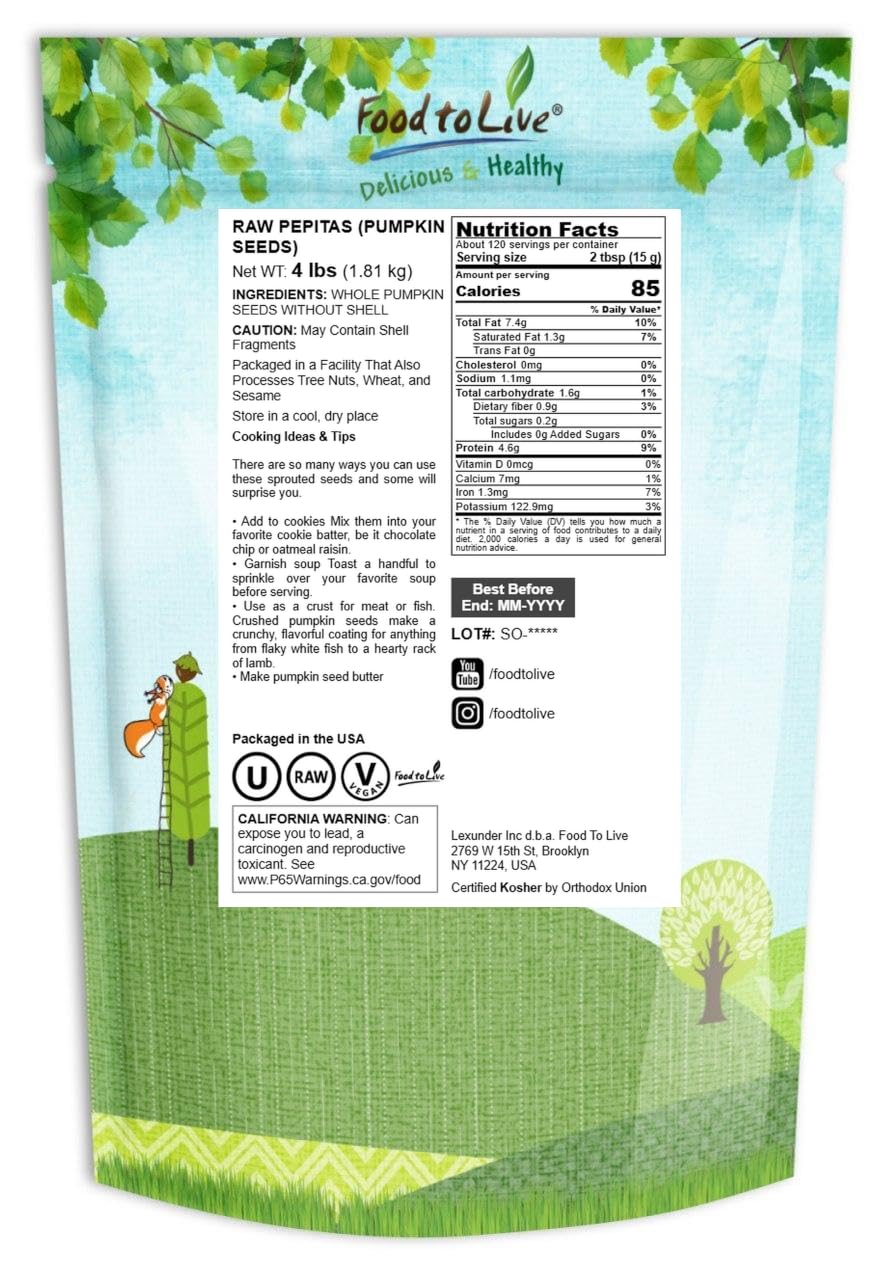 Food to Live - Raw Pepitas, 8 Ounces, Pumpkin Seed Kernels, Unsalted, No Shell, Vegan, Kosher, Keto, Bulk. Wholesome Snack. High in Protein, Essential Fatty Acids.