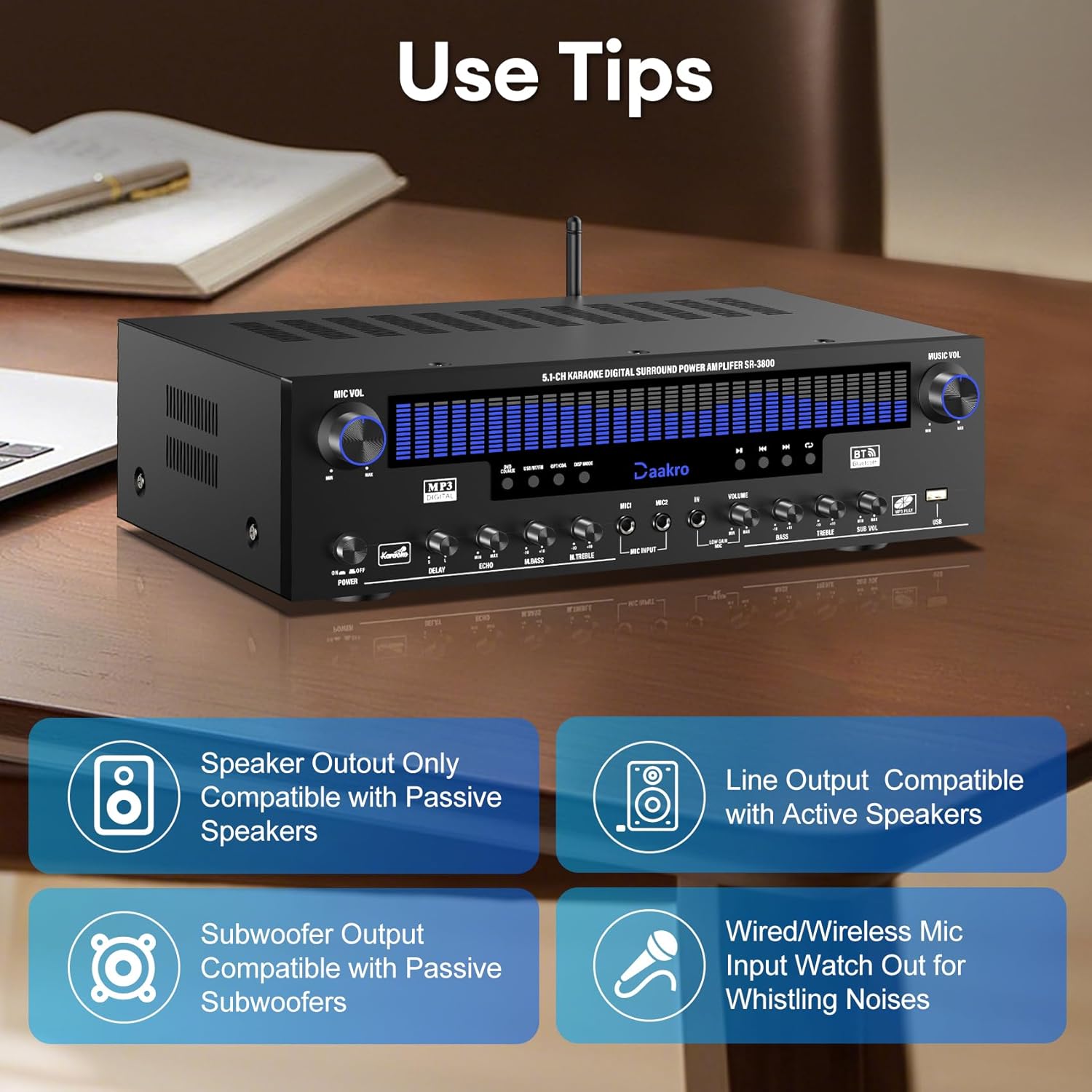 Daakro Stereo Receivers Home Audio Amplifier w/DSP Display, 300W Rated Power 5.1 Channel Bluetooth Receiver