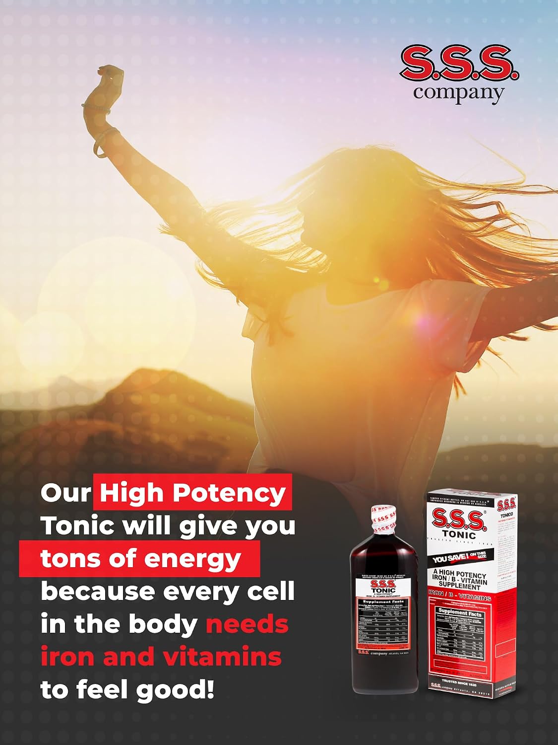 S.S.S. Tonic Liquid Iron & Vitamin B Supplement with B1, B2 & B3, 20 Fl Oz | High-potency, easy-to-take formula for daily energy support; made in USA