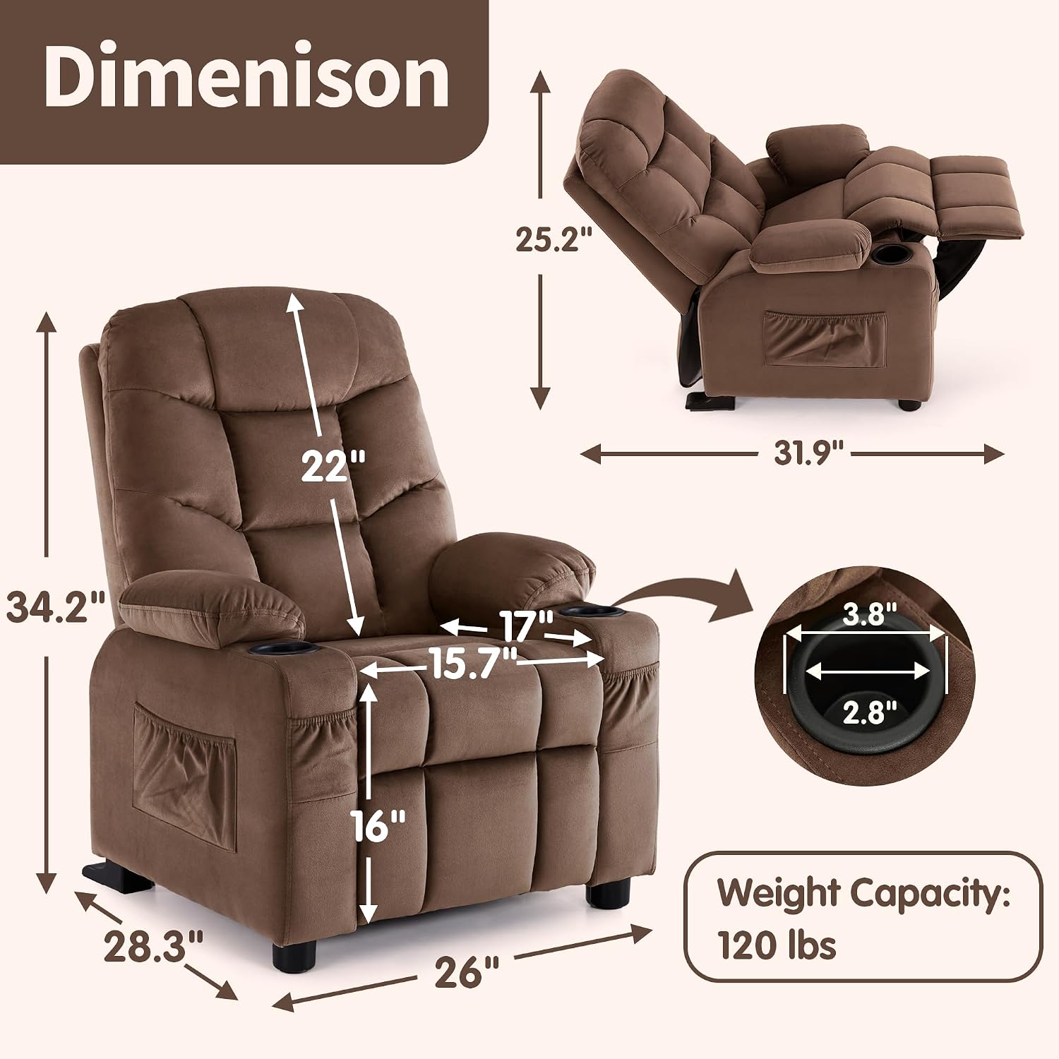 MCombo Big Kids Recliner for Ages 3+, Toddlers Recliner 7355 Velvet, Blue