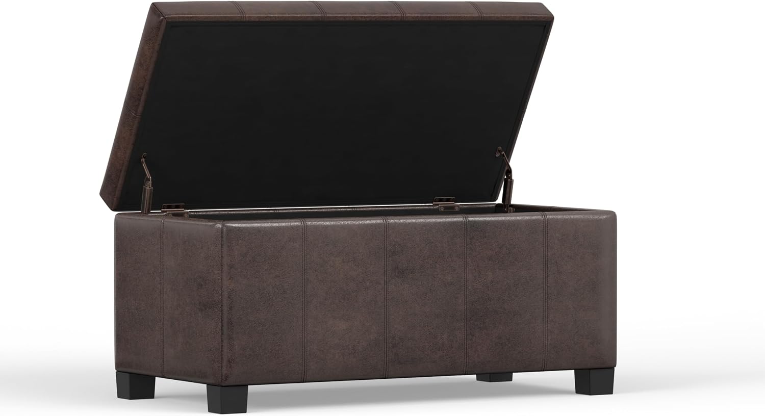 SIMPLIHOME Dover 36" Wide Vegan Leather Storage Ottoman in Midnight Black | Distressed umber brown, contemporary ottoman with lift-top and safety hinges; rectangle storage bench for living room.
