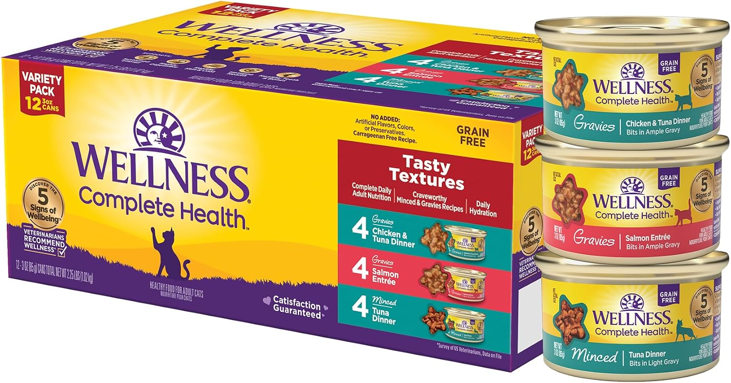 Wellness Complete Health Pate Variety Pack Adult Canned Wet Cat Food, Natural, Protein Rich, Grain Free, Chicken and Turkey Favorites, 3 oz