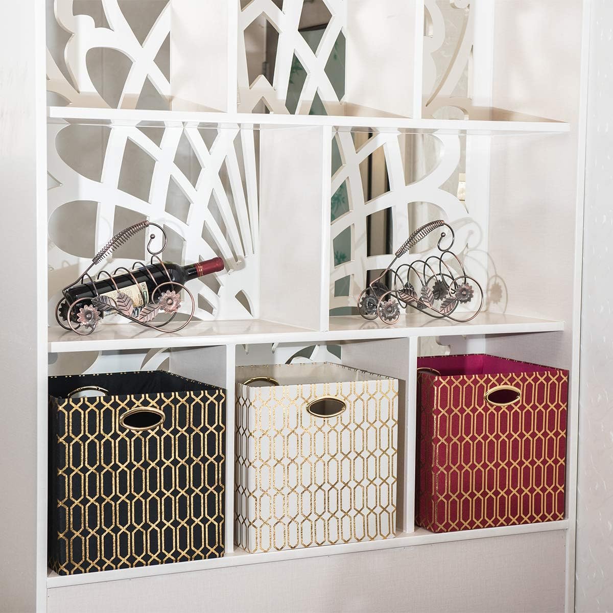 Posprica Storage Bins, Storage Cubes,13×13 Fabric Drawers Organizer Basket Boxes Containers (13×13×13/4pcs, Cream/gold geometry Pattern)