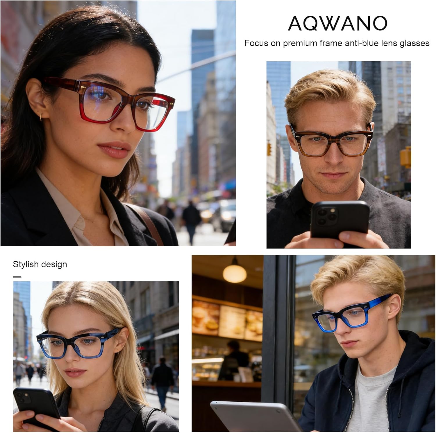 AQWANO Oversized Computer Reading Glasses Blue Light Blocking, 4 Pairs Stylish Fashion Design Anti UV Ray/Eye Strain/Glare Readers Men Women, 1.5