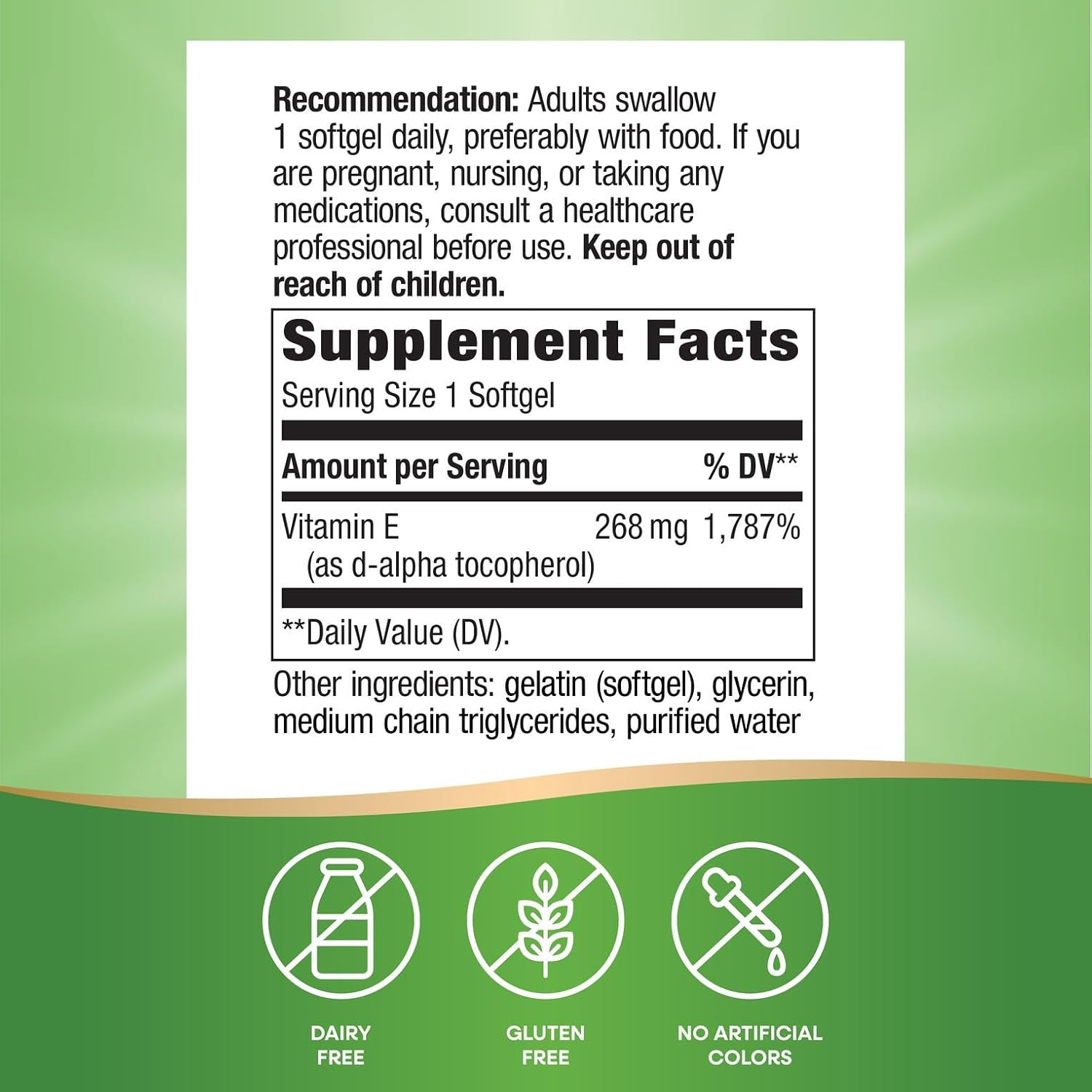 Nature's Way Vitamin E, D-Alpha Tocopherol, Essential Antioxidant, Helps Neutralize Free Radicals*, 268 mg per Serving, 100 Softgels (Packaging May Vary)