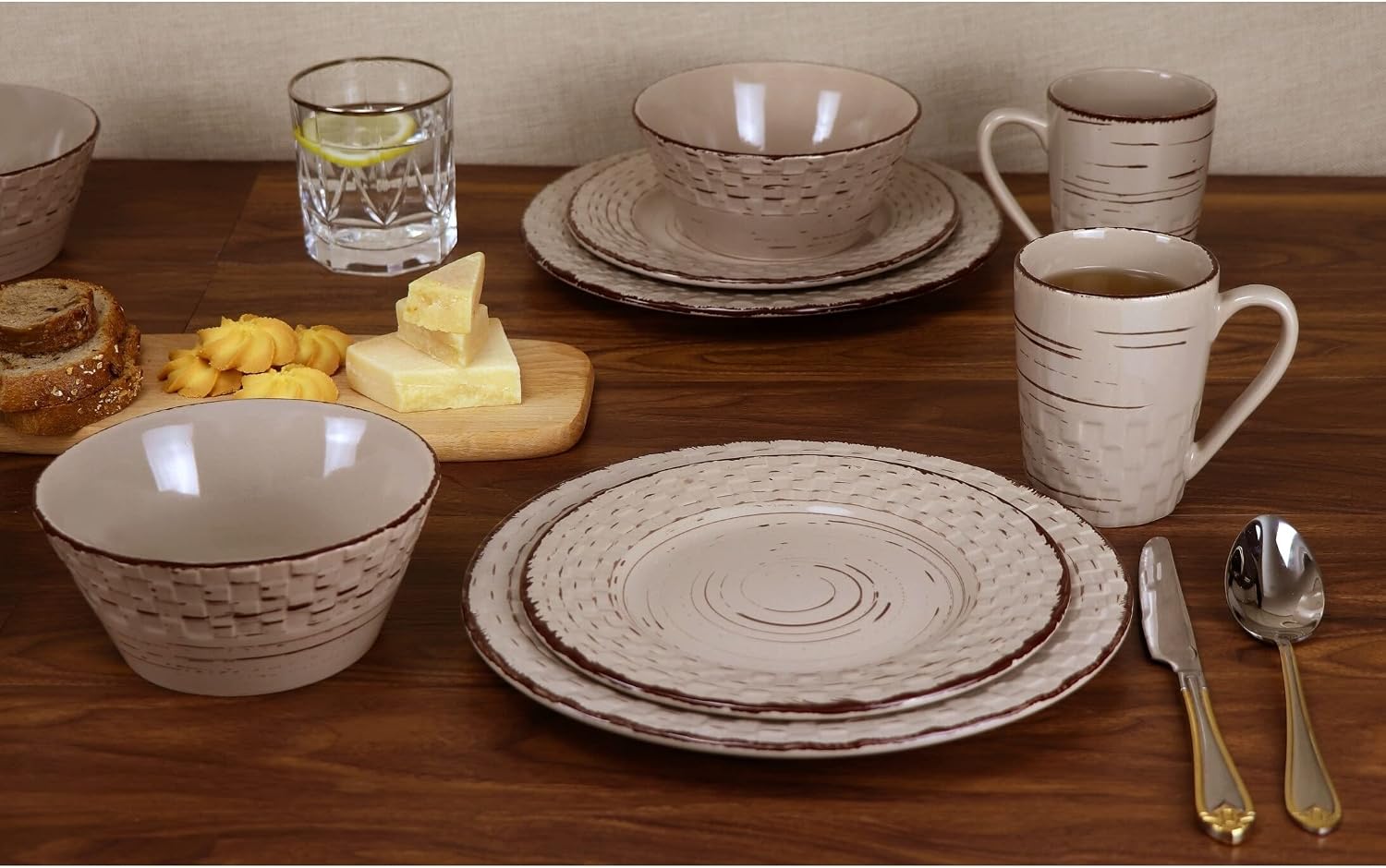 Lorren Home Trends Distressed Weave Dinnerware Set, Buttercup, 16 Piece | Service for 4
