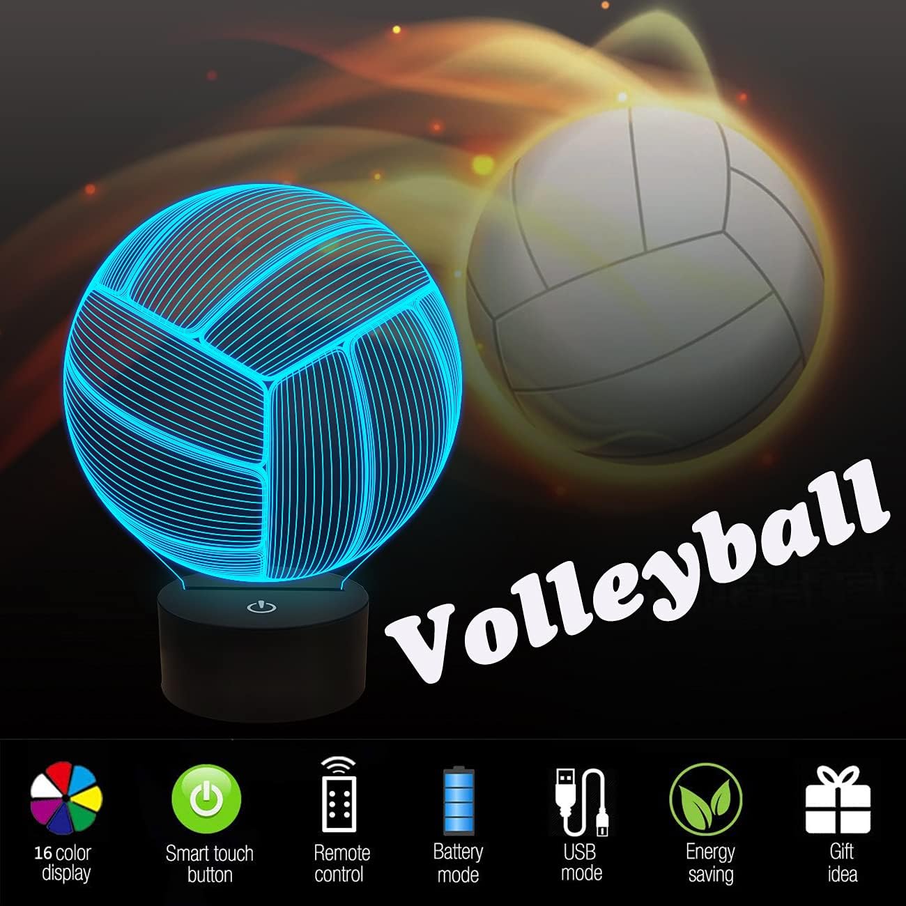 FULLOSUN Volleyball 3D Night Light, Sport Mood Illusion Lamp for Kids with Remote Control 16 Colors Changing