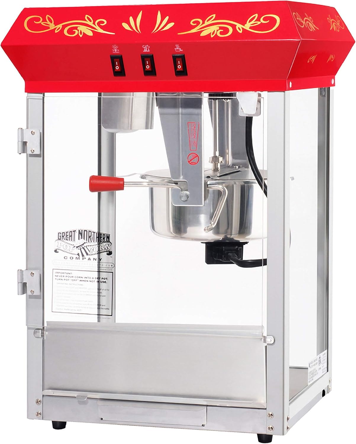 Great Northern Popcorn Company 6100 8 ounce Foundation Red Antique Style Popcorn Popper Machine, Red Floral, Counter-top Popper Machine
