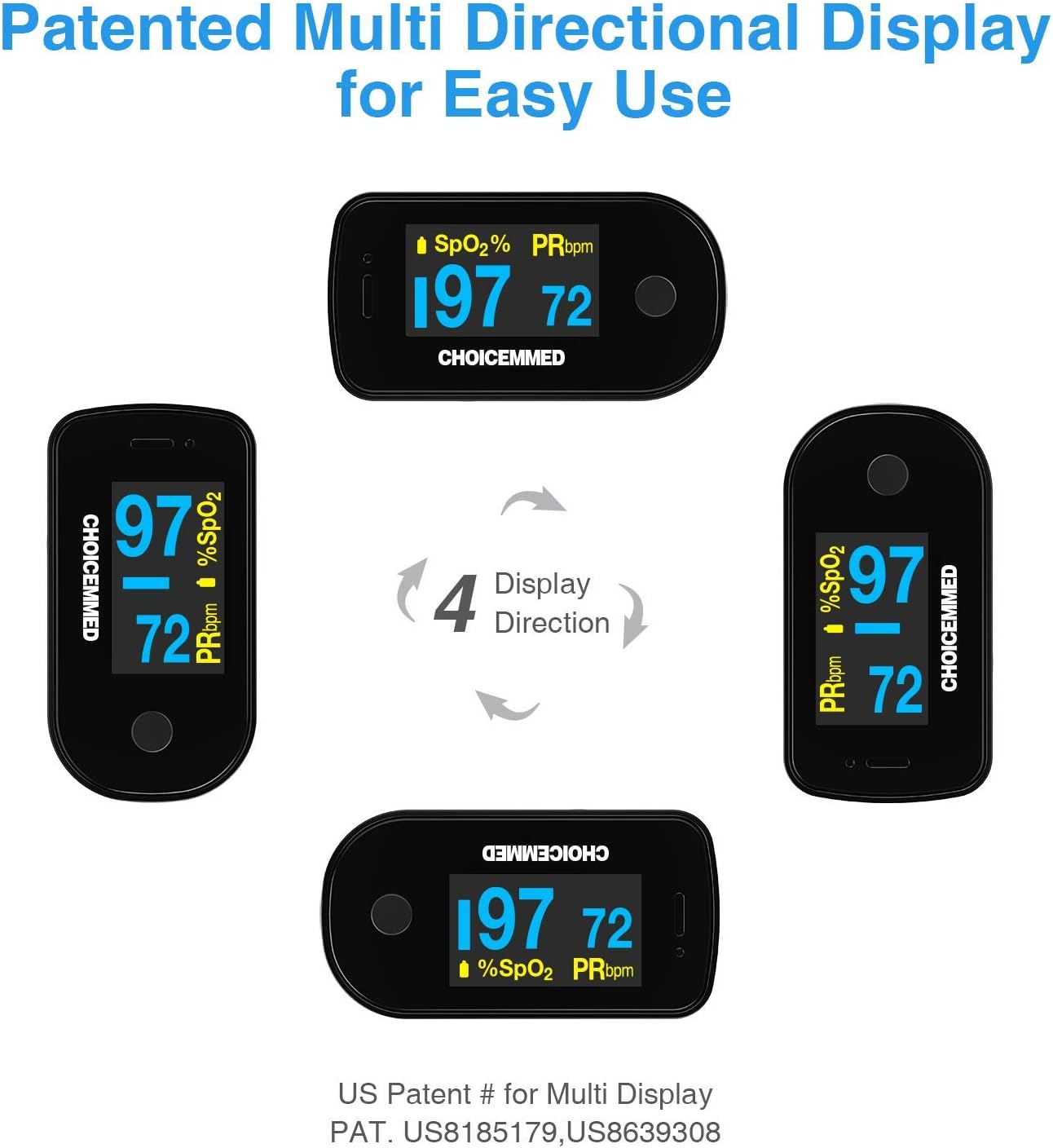 CHOICEMMED Black Dual Color OLED Finger Pulse Oximeter - Blood Oxygen Saturation Monitor with Color OLED Screen Display and Included Batteries - O2