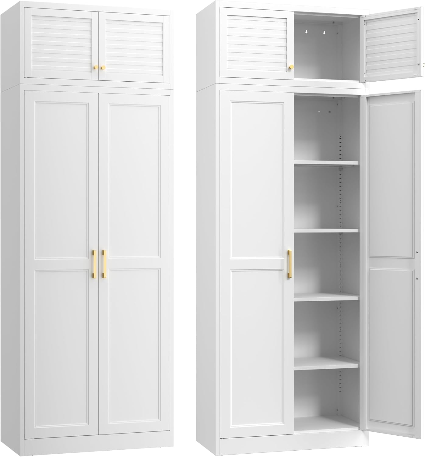 Steeloong 71"Metal Pantry Storage Cabinet with Doors & 4 Adjustable Shelves | Kitchen Pantry Cabinet,White Kitchen Cabinet with 2 Gold Handles,Tall Cabinet for Livingroom,Pantry, Bathroom,Kitchen