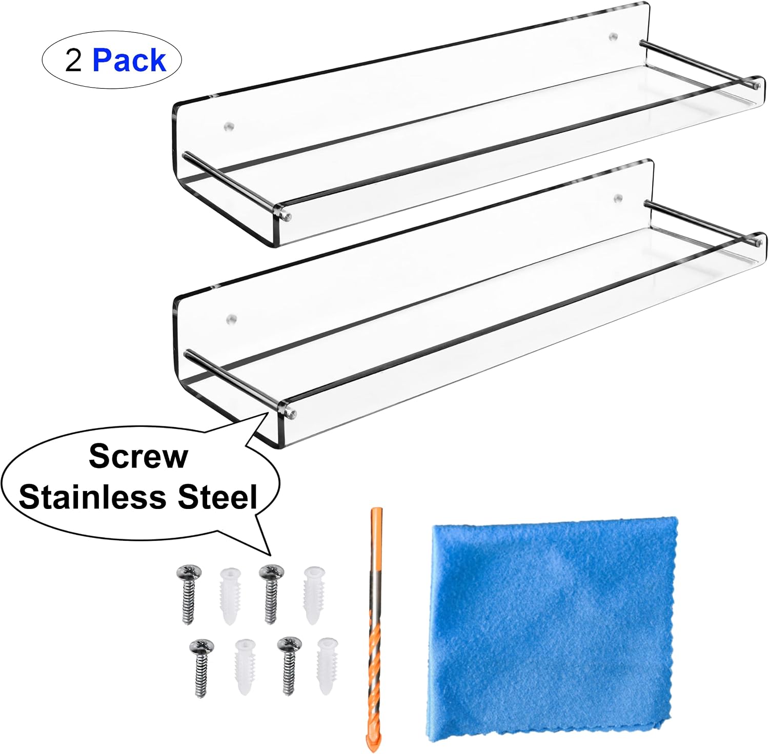 AMT 2 Pack Acrylic Floating Shelves, 15" L x 4" W, Clear Bathroom Wall, Bookshelves, Invisible Display for Office, Bedroom