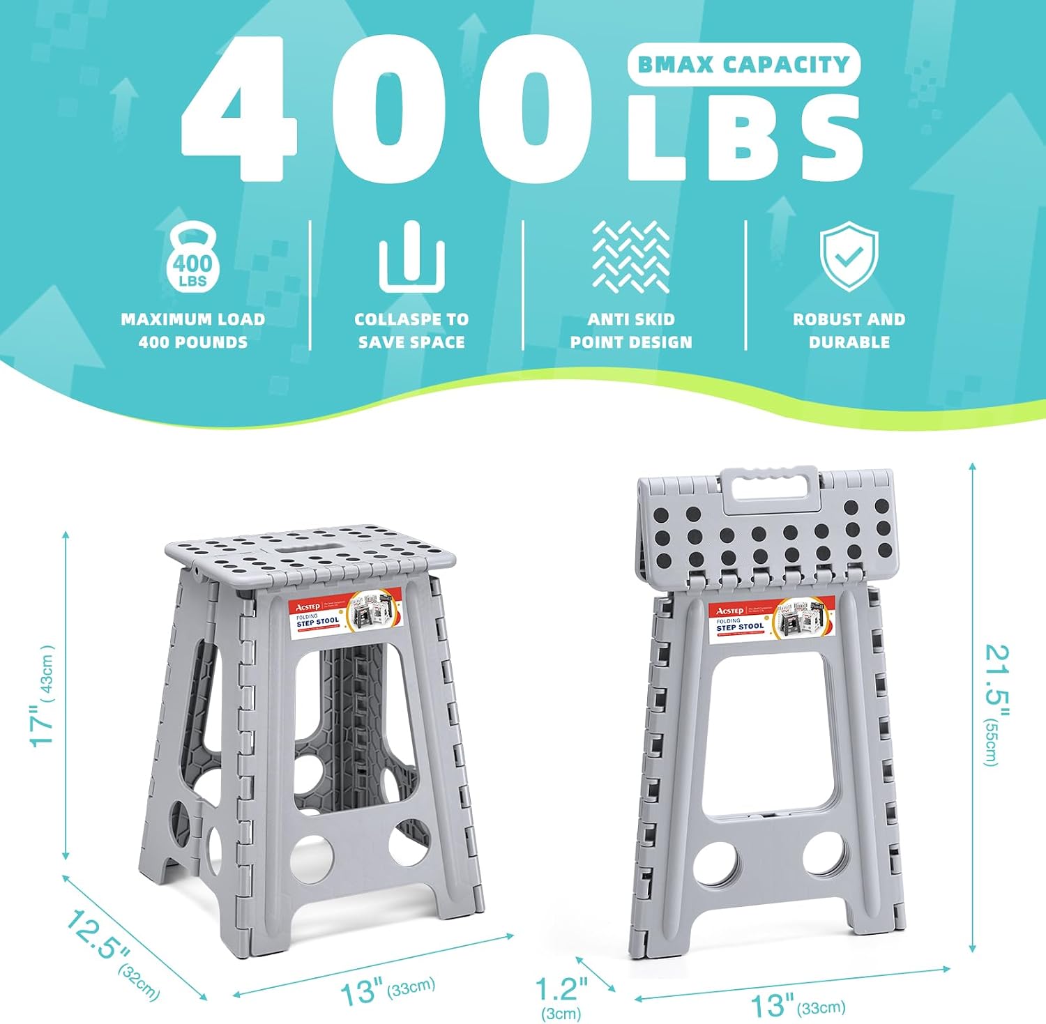 11 Inch Folding Step Stool for Kids, Non-Slip Foldable Stools, Black | Heavy Duty Collapsible Foot Stool, Lightweight with Built-in Handle, Holds 300 lb for Adults Kitchen Bathroom Bedroom Outdoor