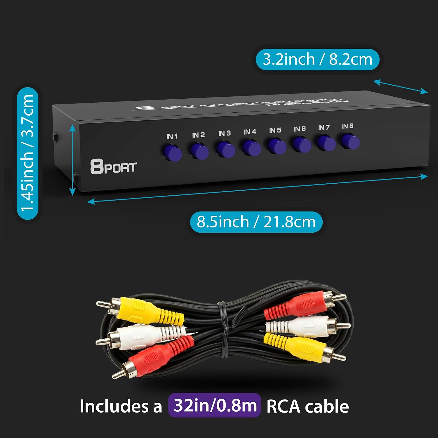 Fosmon 4-Way RCA Splitter AV Switcher 4 in 1 Out Audio Video Selector Box | 4 in 1 out female 4-way RCA composite AV switcher selector switch box with cable for HDTV STB DVD retro game consoles.