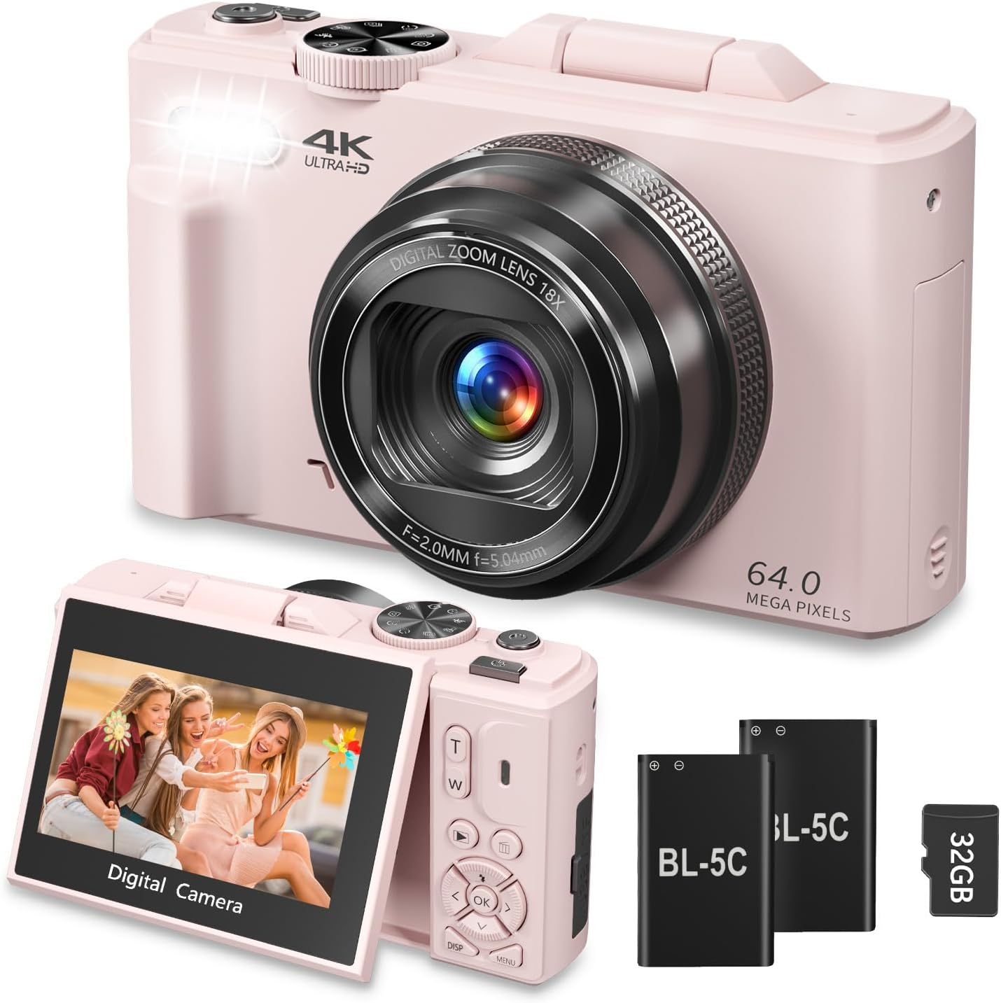 4K Digital Camera for Photography, 64MP Vlogging Camera for YouTube, WiFi Vlog Cameras with 18X Digital Zoom, 3'' Flip Screen and 32GB TF Card, Pink