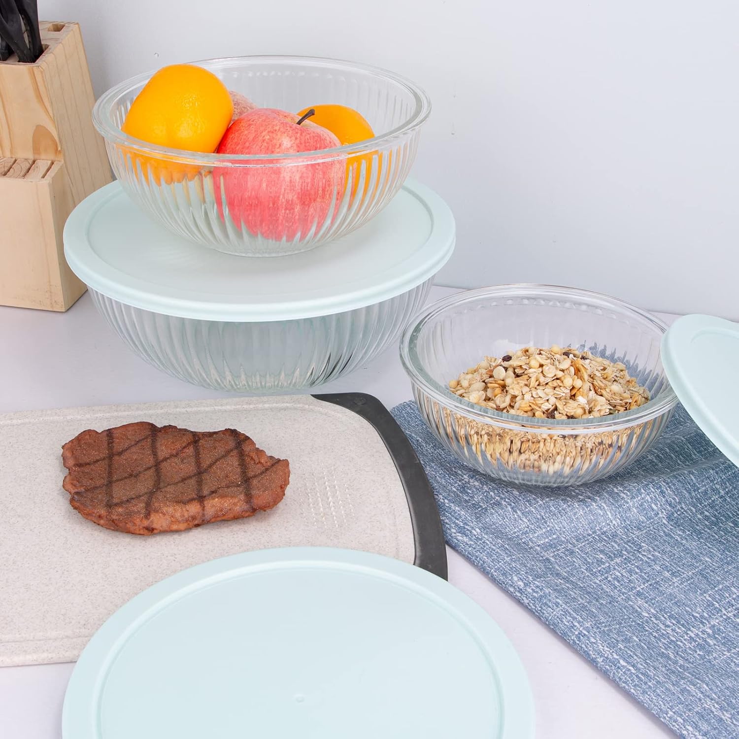 Luvan Glass Mixing Bowls with Lids Set(4.5QT, 2.7QT, 1.1QT)-Large Glass Mixing Bowls, Clear Salad Bowl for Baking, Cooking, Serving, Food Prep, 3PC Nesting Bowls for Kitchen Storage & Dishwasher Safe