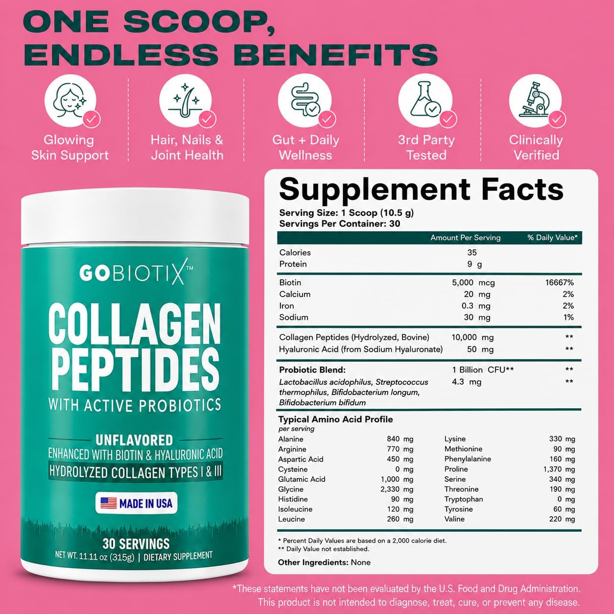 GOBIOTIX Collagen Peptides Powder with Probiotics, Biotin & Hyaluronic Acid - Hydrolyzed Collagen Supplement for Women - Hair Skin Nails