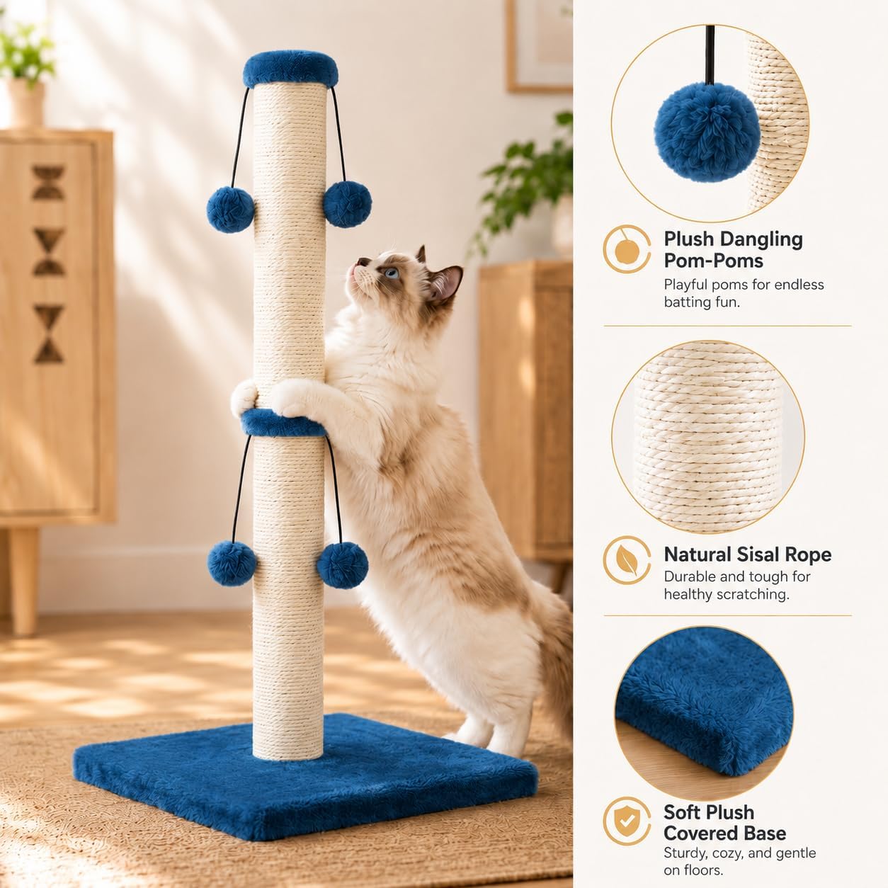 Dimaka 29'' Cat Scratching Post, Natural Sisal Rope Scratcher Post, Kitten Claw Scratch with 4 DanglingToy Balls for Large Cats (Grey)