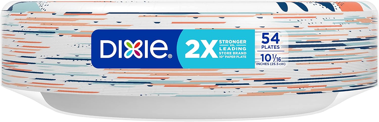 Dixie Large Paper Plates, 10 Inch, 54 Count, 2X Stronger, Microwave-Safe, Soak-Proof, Cut Resistant, Disposable Plates For Everyday Breakfast, Lunch, & Dinner Meals