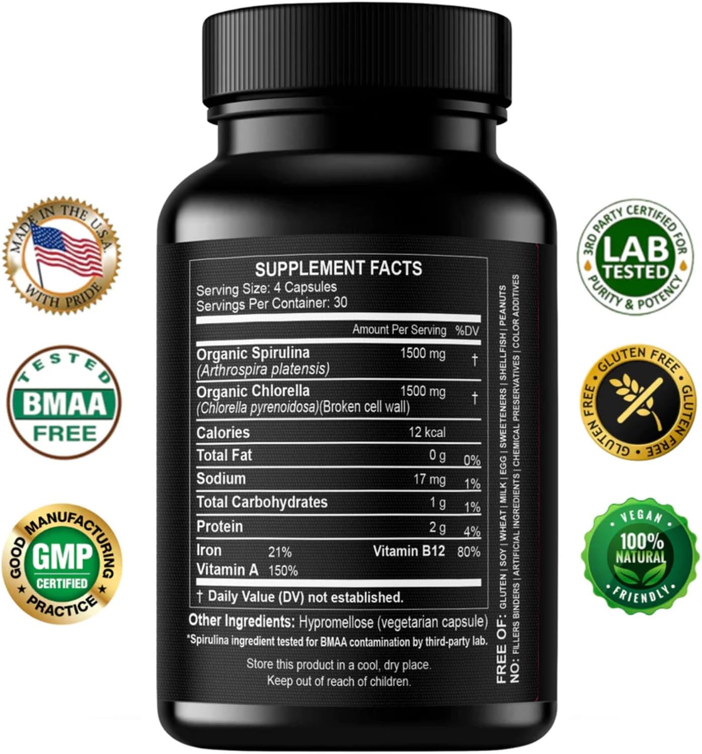 Chlorella Spirulina Powder Capsules 3000 mg of BMAA Free Purest Blue Green Algae - Best Natural Detox Raw Vegan Vitamins Protein Green Superfood