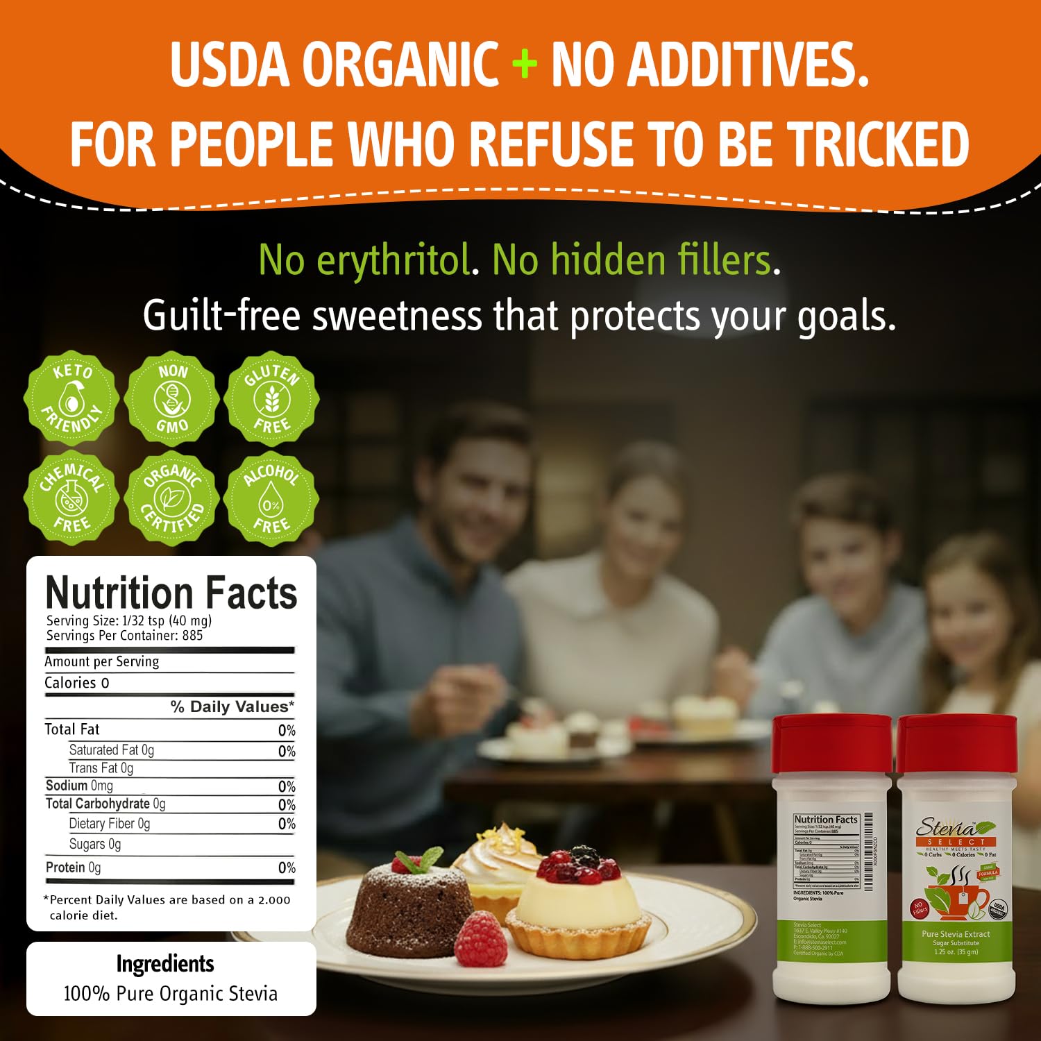 Stevia Select Organic Stevia Powder 1.25oz - Sugar Free Plant Based Pure Stevia Sweetener Stevia Extract Keto Sugar Substitute No Additives Zero Calorie