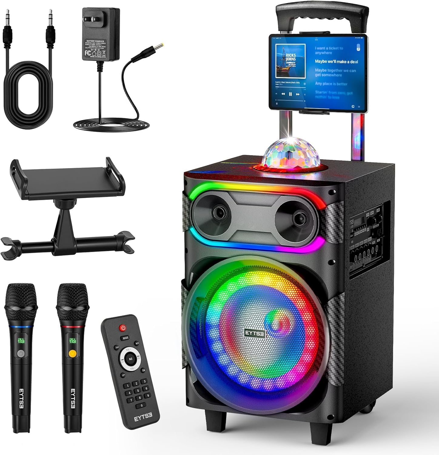 Karaoke Machine for Adults with 2 Wireless Microphones, BT PA System with Disco Ball LED Lights, Rolling Wheels, Tablet Holder, Remote Control