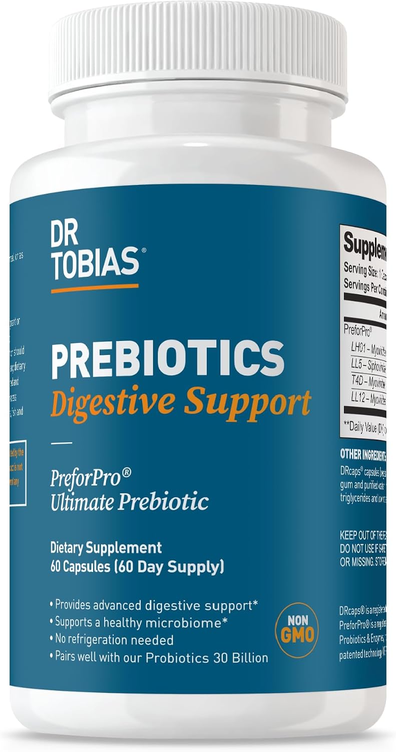 Dr. Tobias Prebiotics, Supports Digestion & Gut Health, Feed Good Probiotic Bacteria, Boost Gut Immune Function, Vegan & Non-GMO Gut Health Supplements for Men and Women, 30 Capsules, 30 Servings
