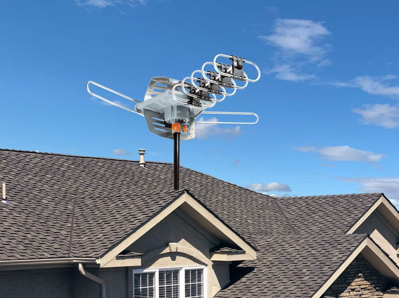 Five Star Outdoor 150 Mile Motorized 360 Degree Rotation OTA Amplified HDTV Antenna for 2 TVs Support - UHF/VHF/1080P Channels Wireless Remote