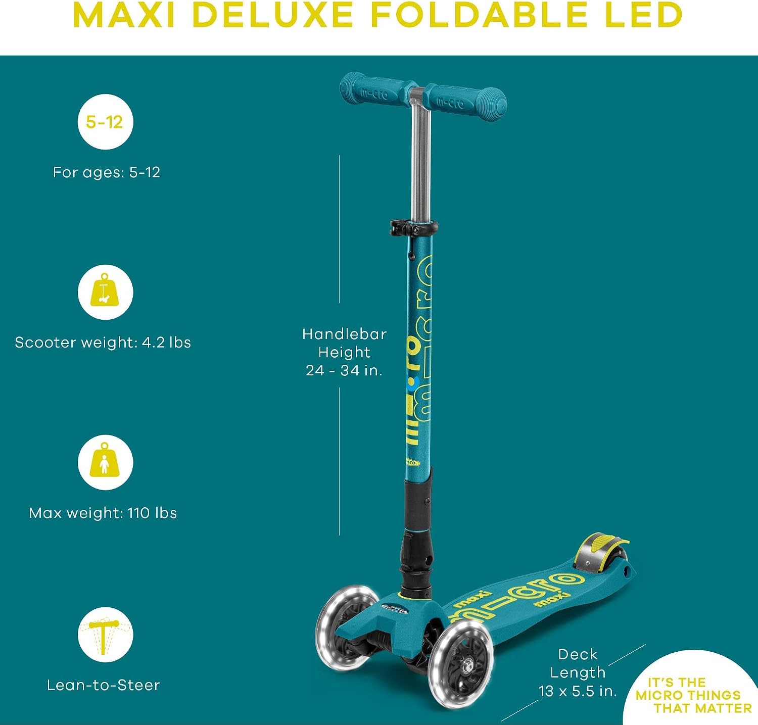 Micro Kickboard | Maxi Foldable LED Kids Scooter for Ages 5-12 | Children