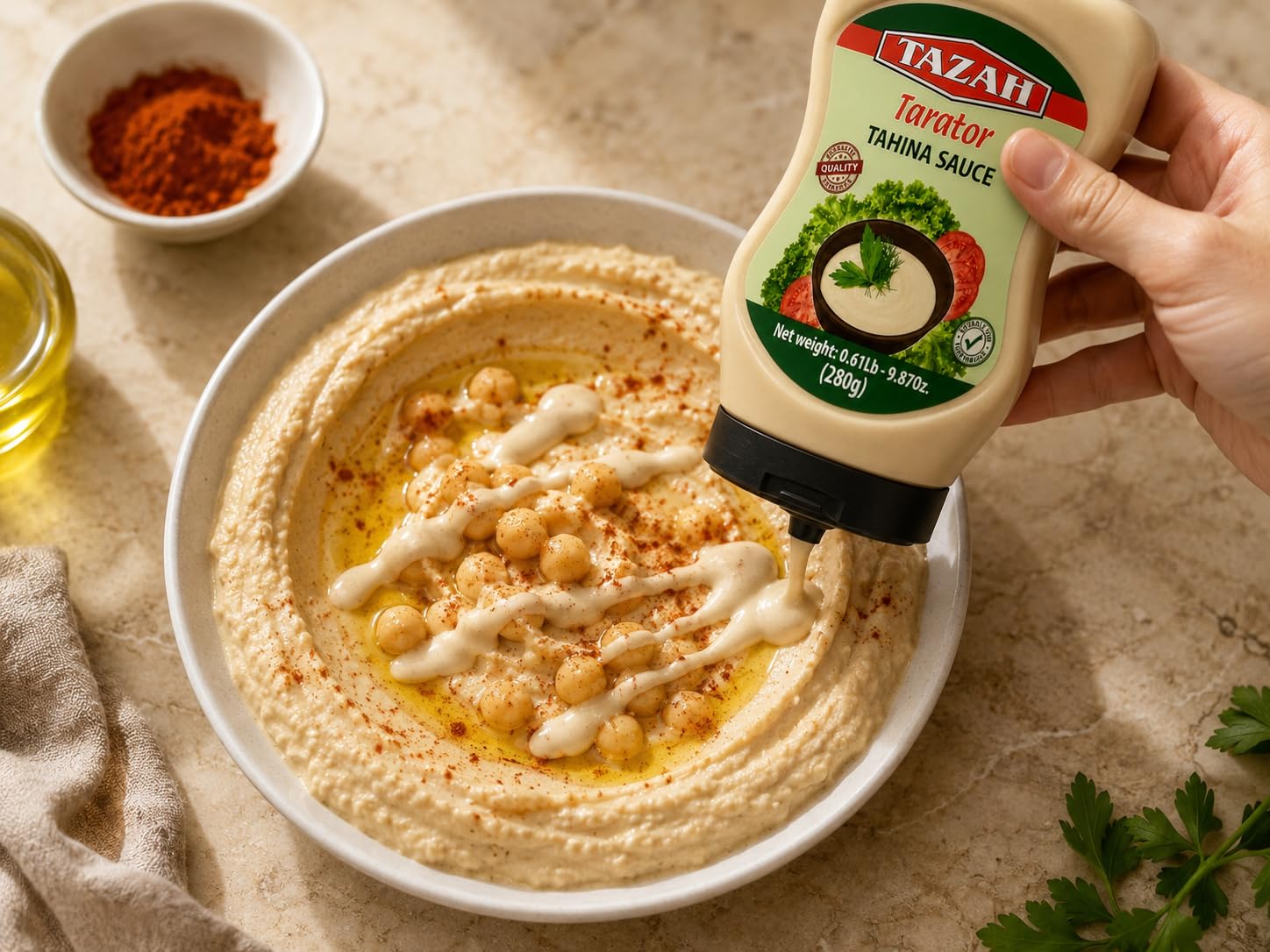 TAZAH Lebanese Tahini Sauce, 9.87 OZ Squeezable Bottle, Tarator Sesame Dressing & Dip for Shawarma, Falafel, Fish, Vegetables