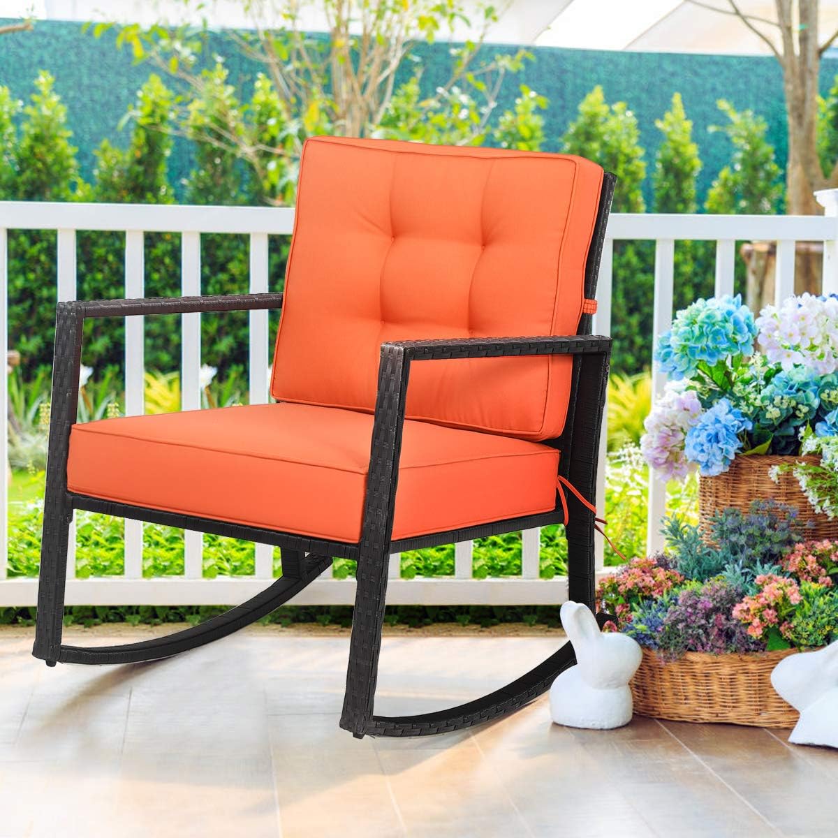 Tangkula Wicker Rocking Chair, Outdoor Glider Rattan Rocker Chair with Heavy-Duty Steel Frame