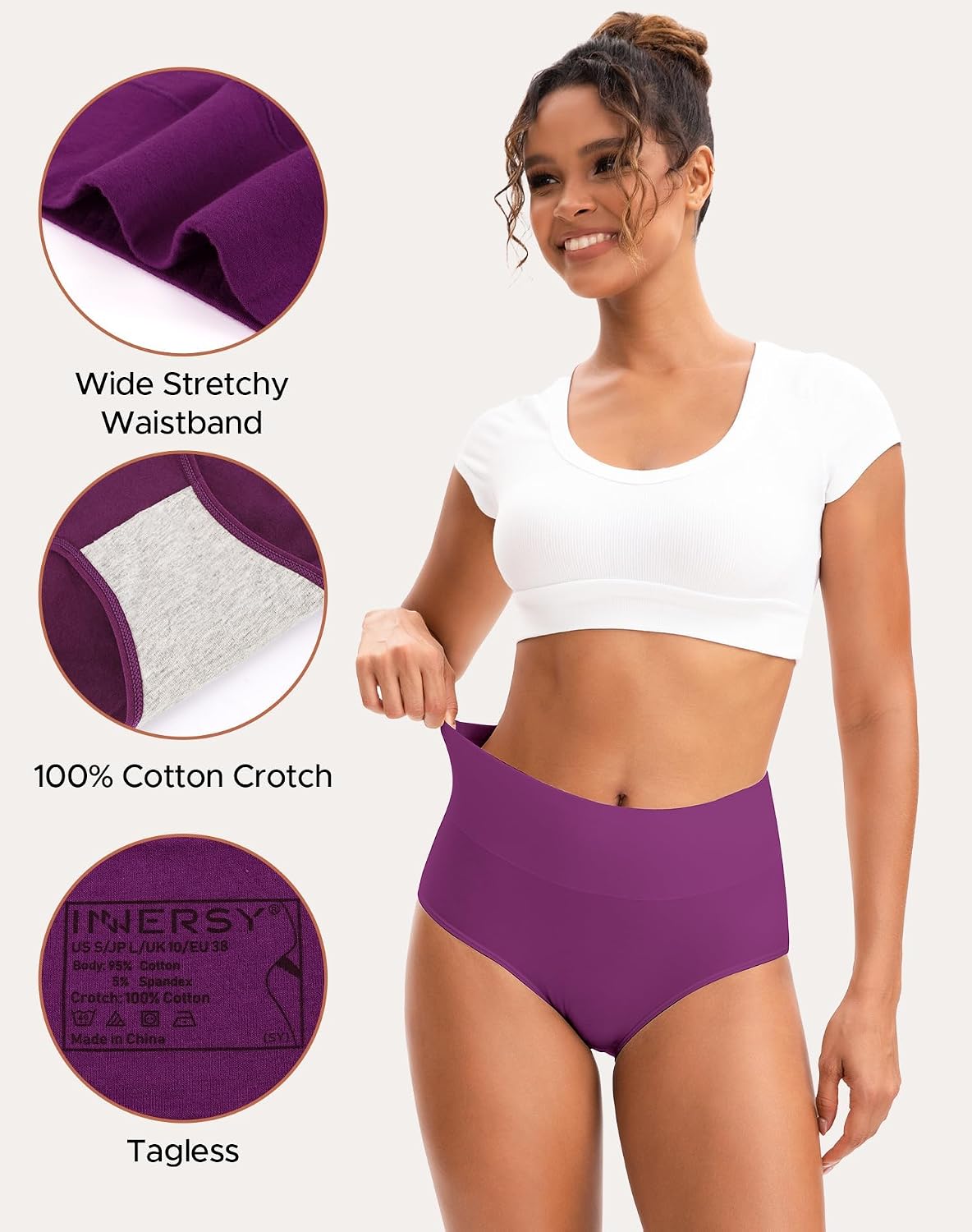 INNERSY Women's High Waisted Underwear Cotton Panties Regular & Plus Size 5-Pack