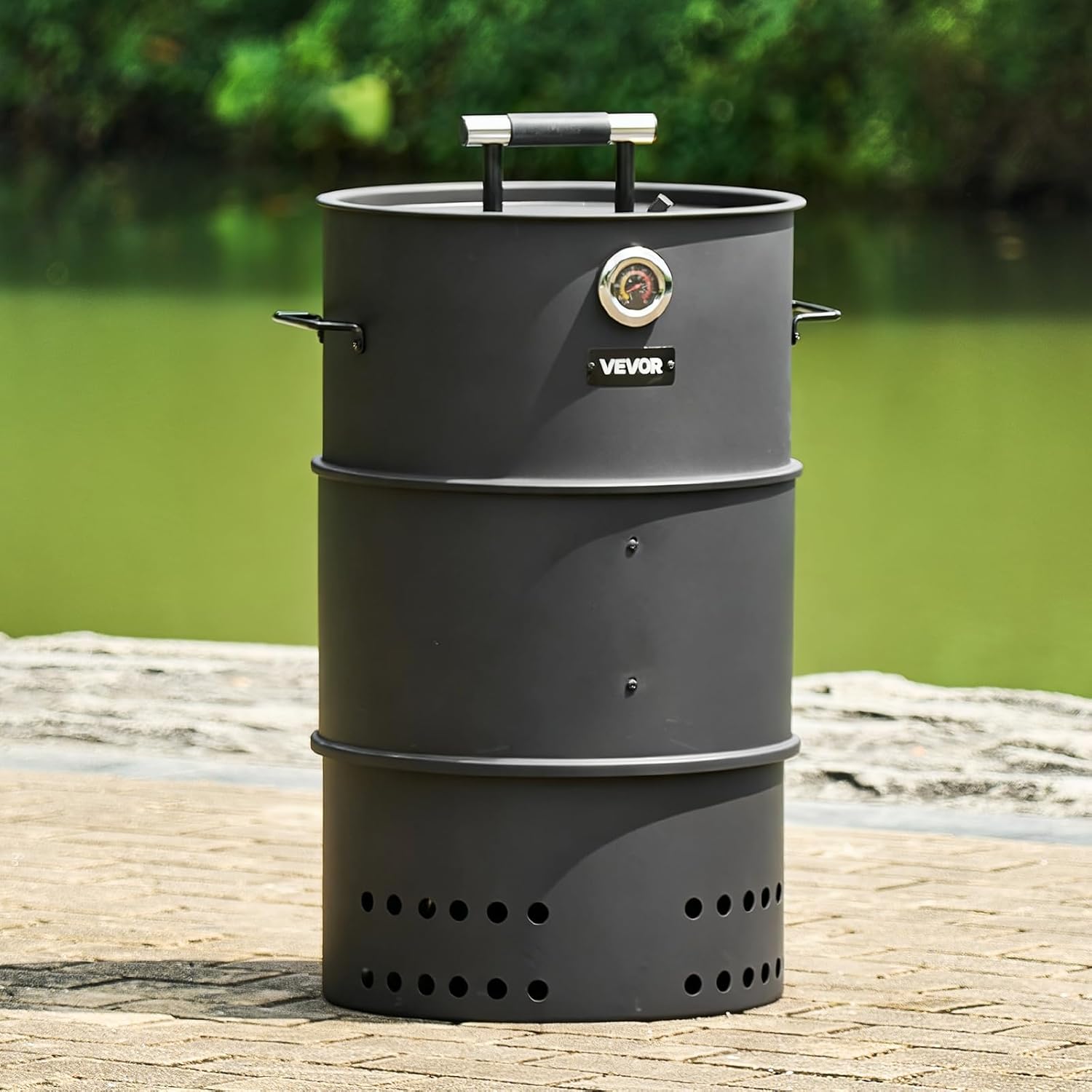 VEVOR Charcoal Smoker Grill, 18.5" Barrel Charcoal BBQ Smoker, Coated Steel Outdoor Barbecue Grill with 2 Grilling Grates, 1 Hanging Rod