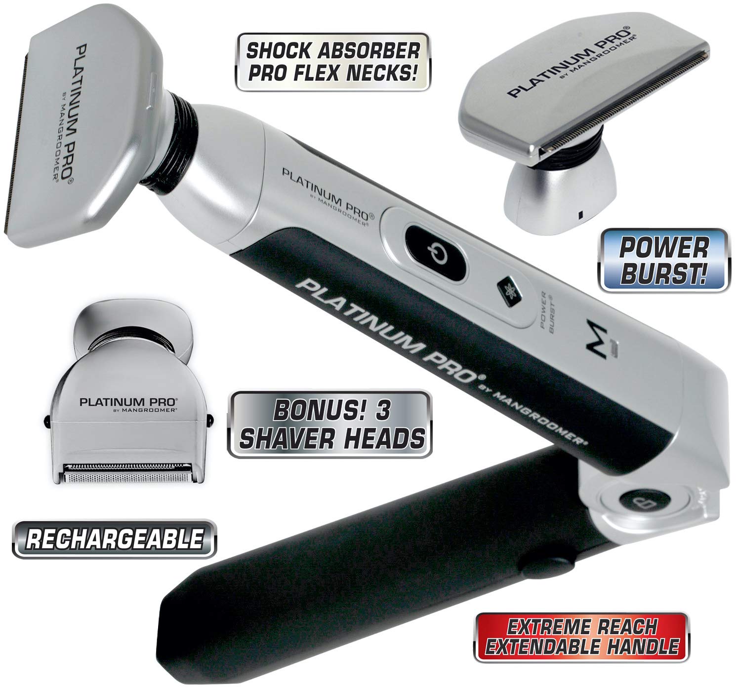 MANGROOMER - PLATINUM PRO New Back Hair Shaver Complete Attachment Head with Shock Absorber Neck and 1.8 Inch Blade Design!