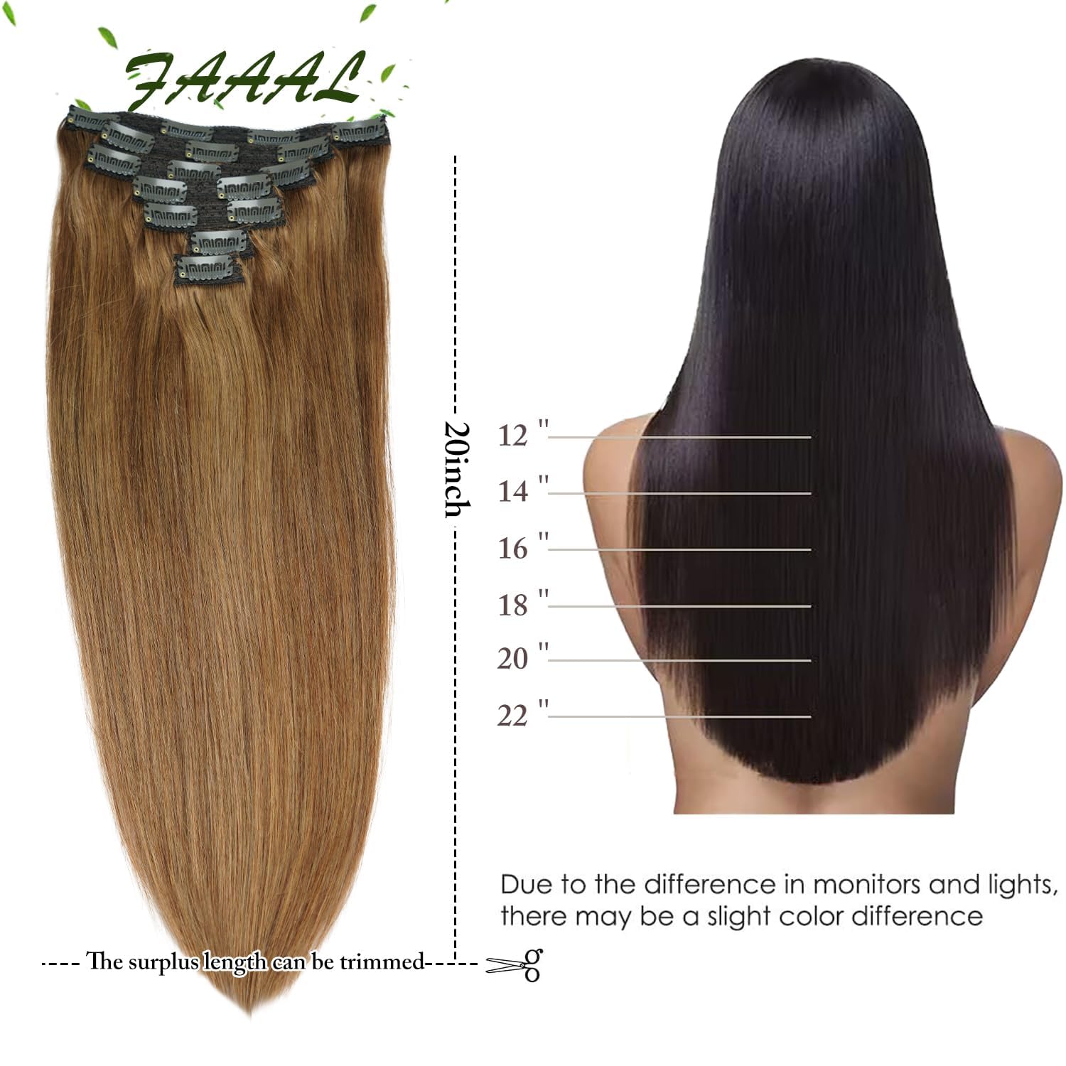 22" Clip in Human Hair Extensions Full Head 200g 10 Pieces 22 Clips Light Brown Double Weft Brazilian Real Remy Hair Extensions Thick Straight (22"