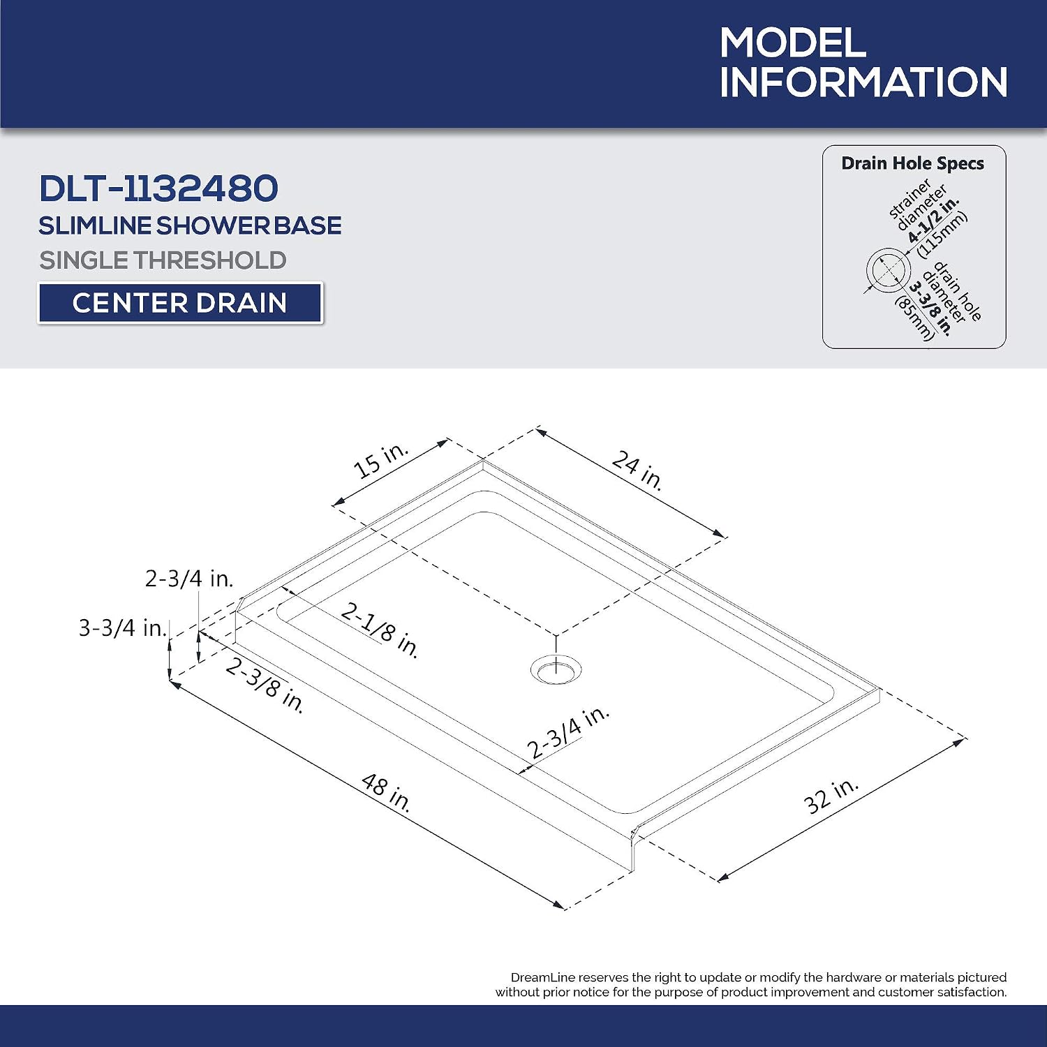 DreamLine SlimLine 32 in. D x 48 in. W x 2 3/4 in. H Center Drain Single Threshold Shower Base in Black, DLT-1132480-88