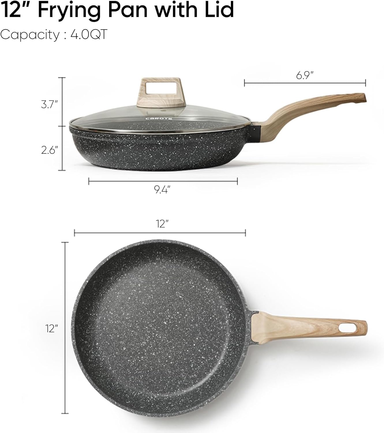 CAROTE Non Stick Frying Pan, 12 Inch Classic Granite Skillet with Glass Lid