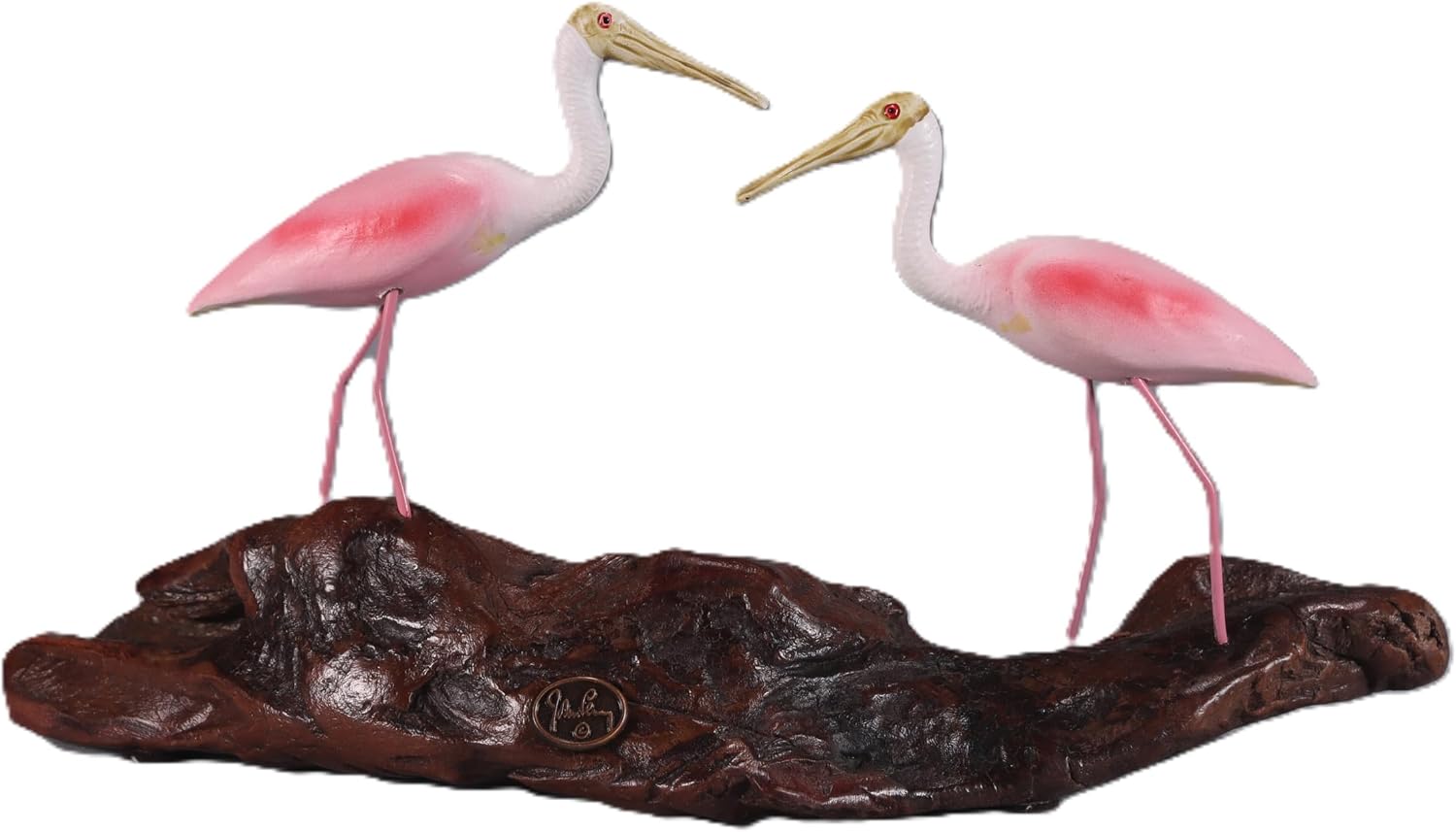Roseate Spoonbill Duo by John Perry 6in Long Sculpture on Polished burlwood Base. Signed.