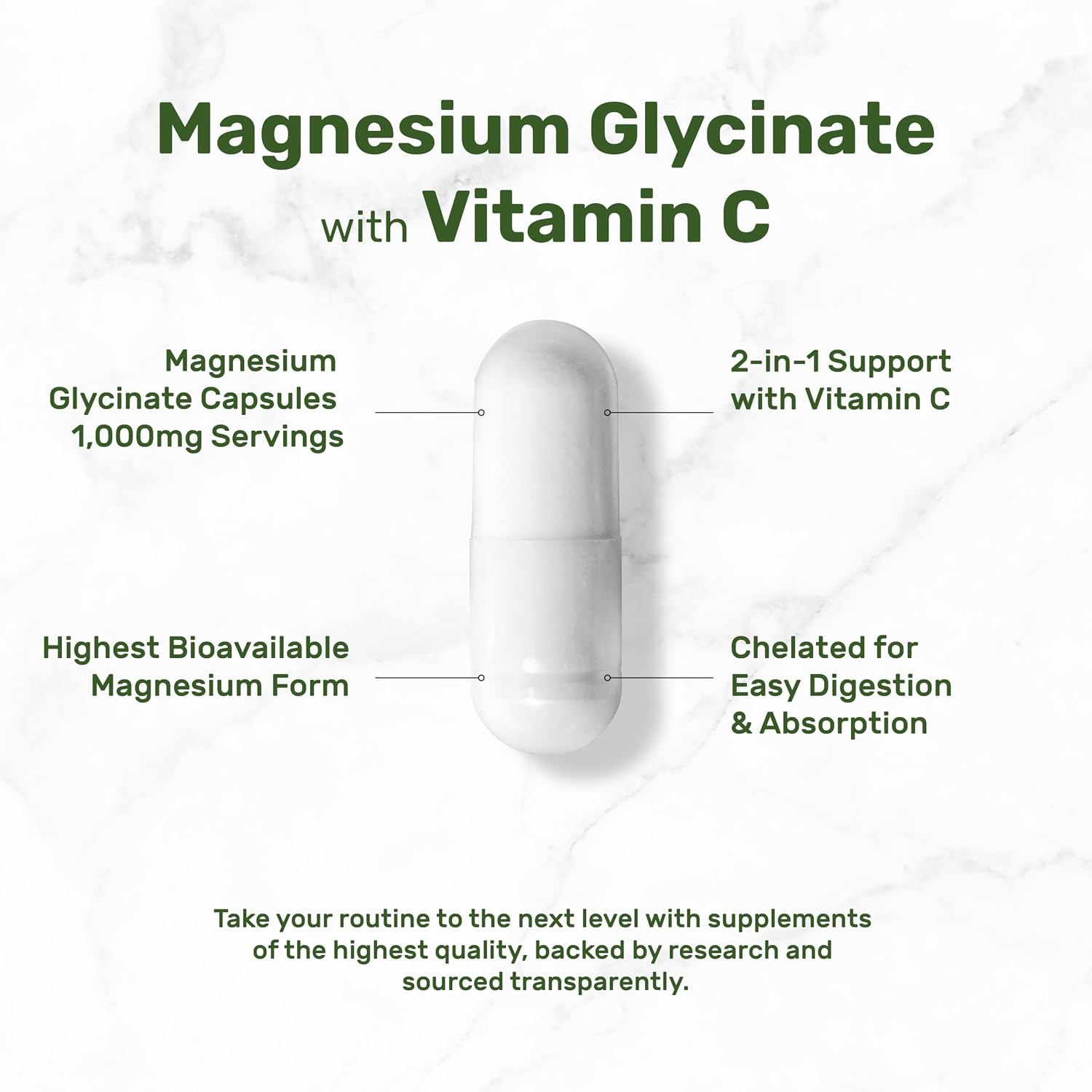 Magnesium Glycinate 500mg Per Capsule (1000mg Per Serving) Plus Vitamin C