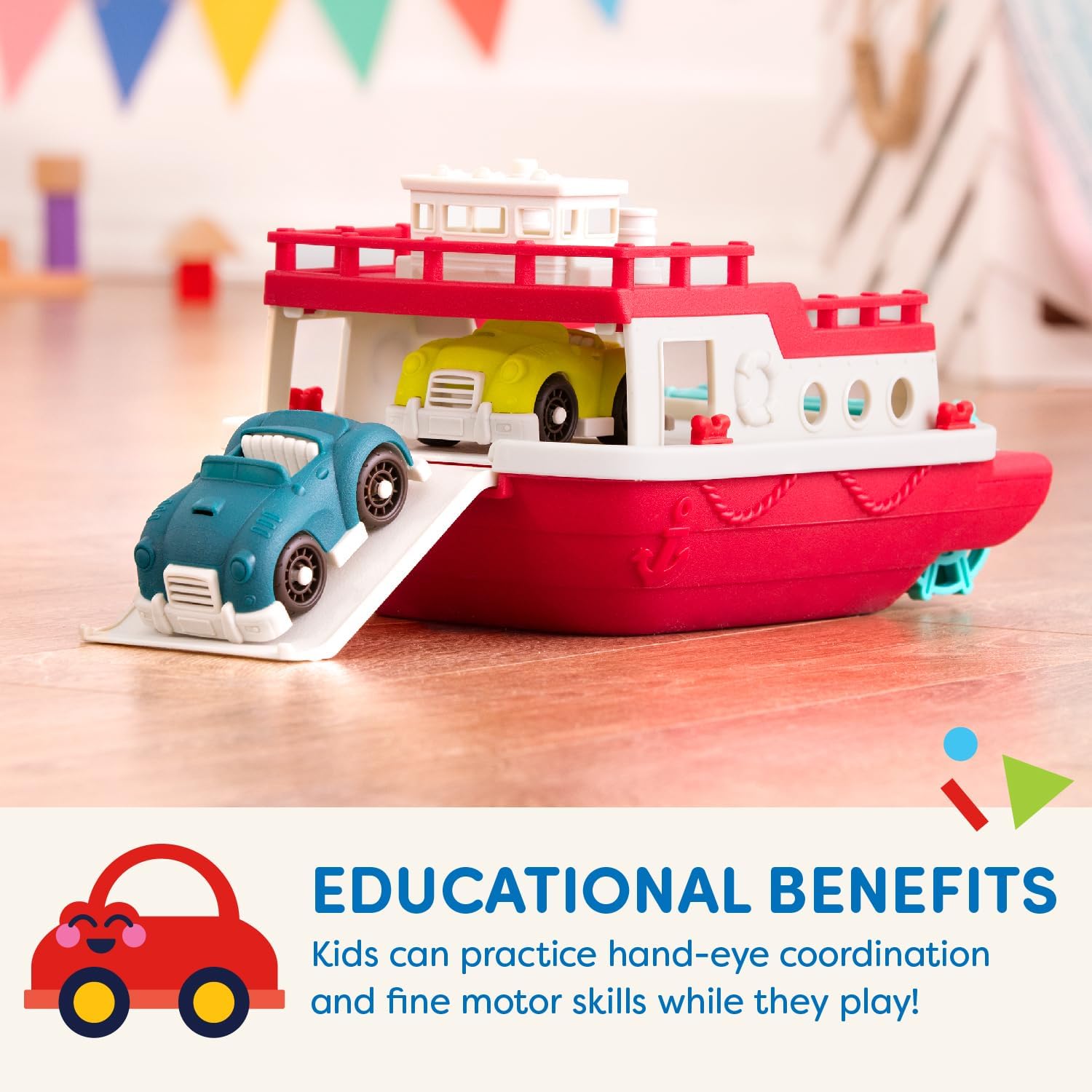Battat Wonder Wheels Bath Toy Ferry Boat with 2 Cars, Floating Play, Trucks | Pool and bath toy boat with slide-out ramp, wind-up propeller