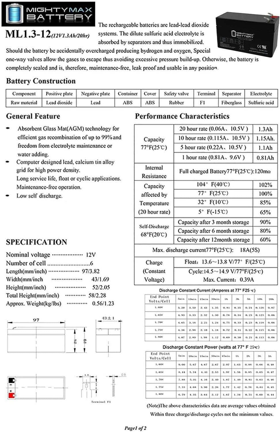 Mighty Max Battery ML1.3-12 - 12 Volt 1.3 AH, F1 Terminal, Rechargeable SLA AGM Battery