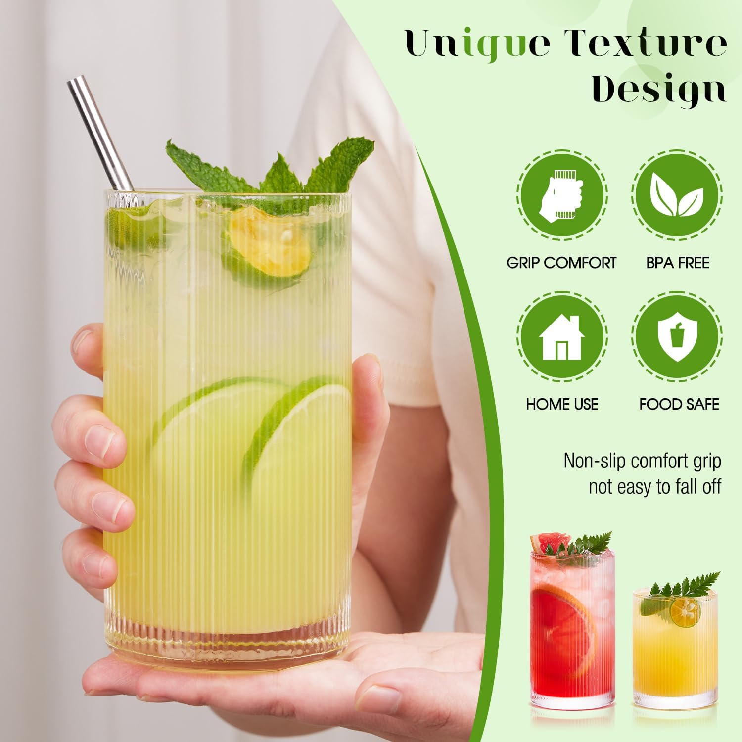 Ribbed Drinking Glasses Cups Set of 8 Large Capacity Highball 17oz&12oz | Rocks Cocktail Glasses Ideal for Beer, Juice, Water, Ice Coffee Cup, Whiskey