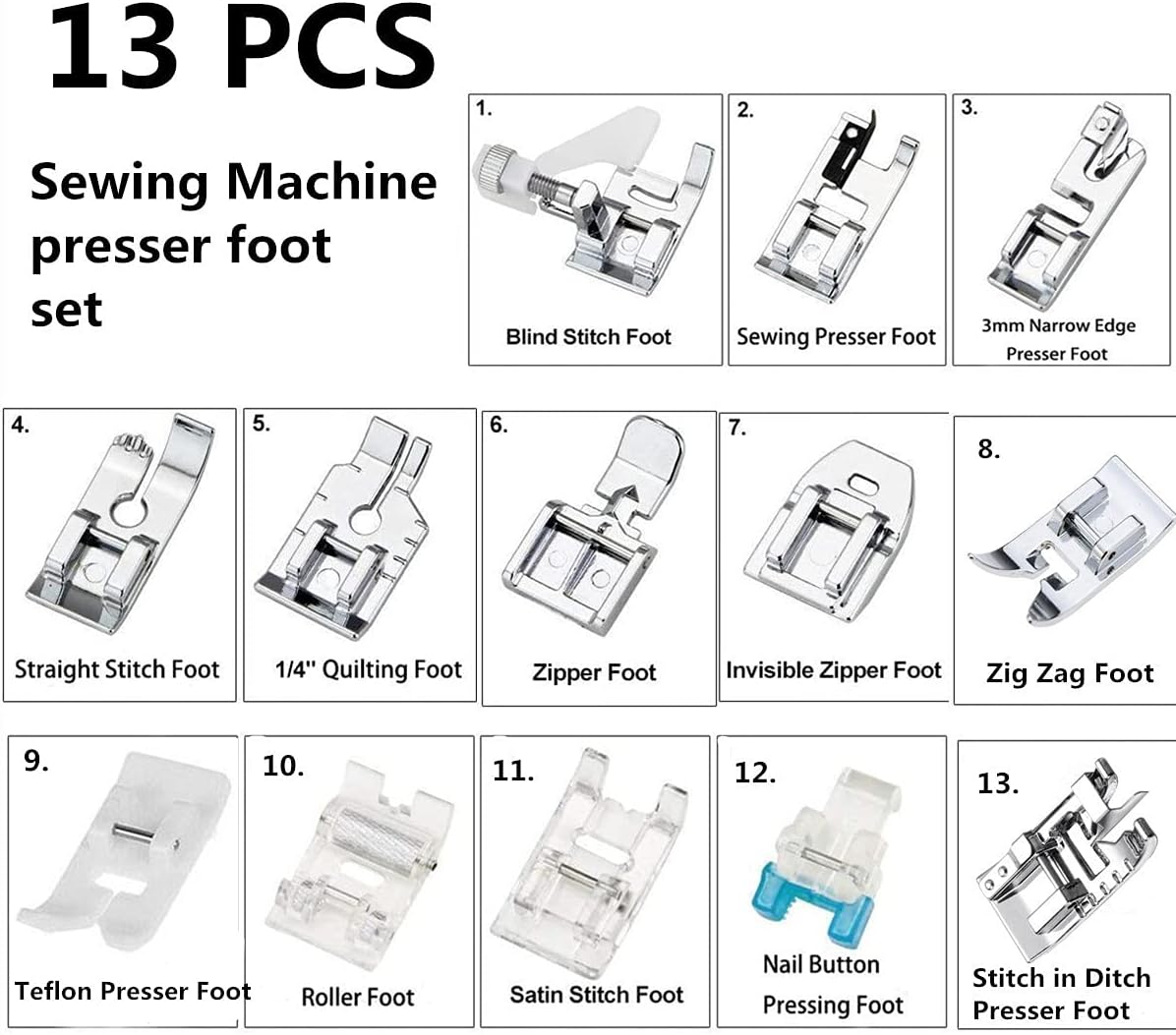 13Pcs Presser Feet Set for Household Sewing Machine Brother Singer Janome Toyota...