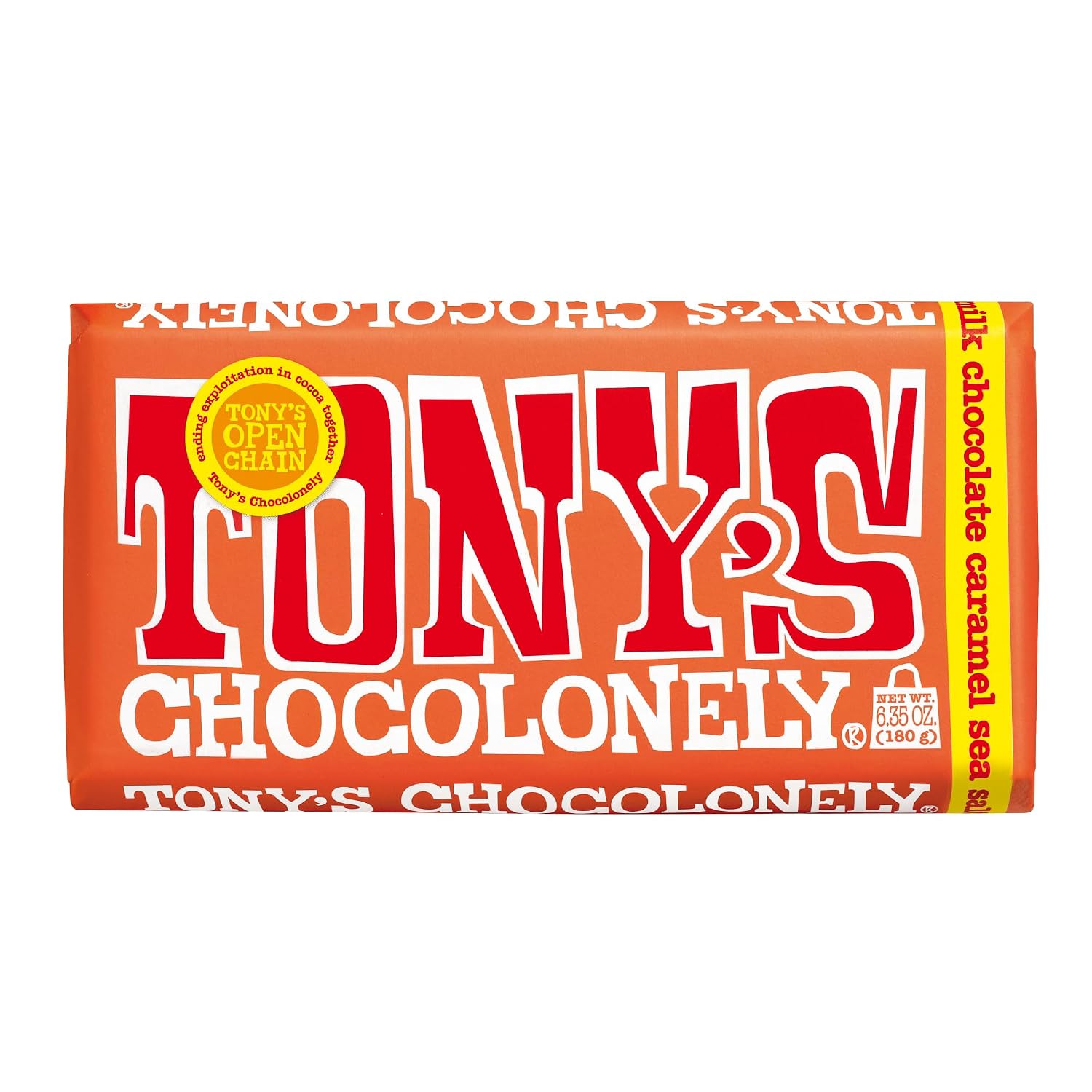Tony’s Chocolonely 32% Milk Chocolate Caramel Sea Salt Bars, No Artificial Flavoring, Fairtrade & B Corp Certified, 6.35 Ounce (15 Bars)