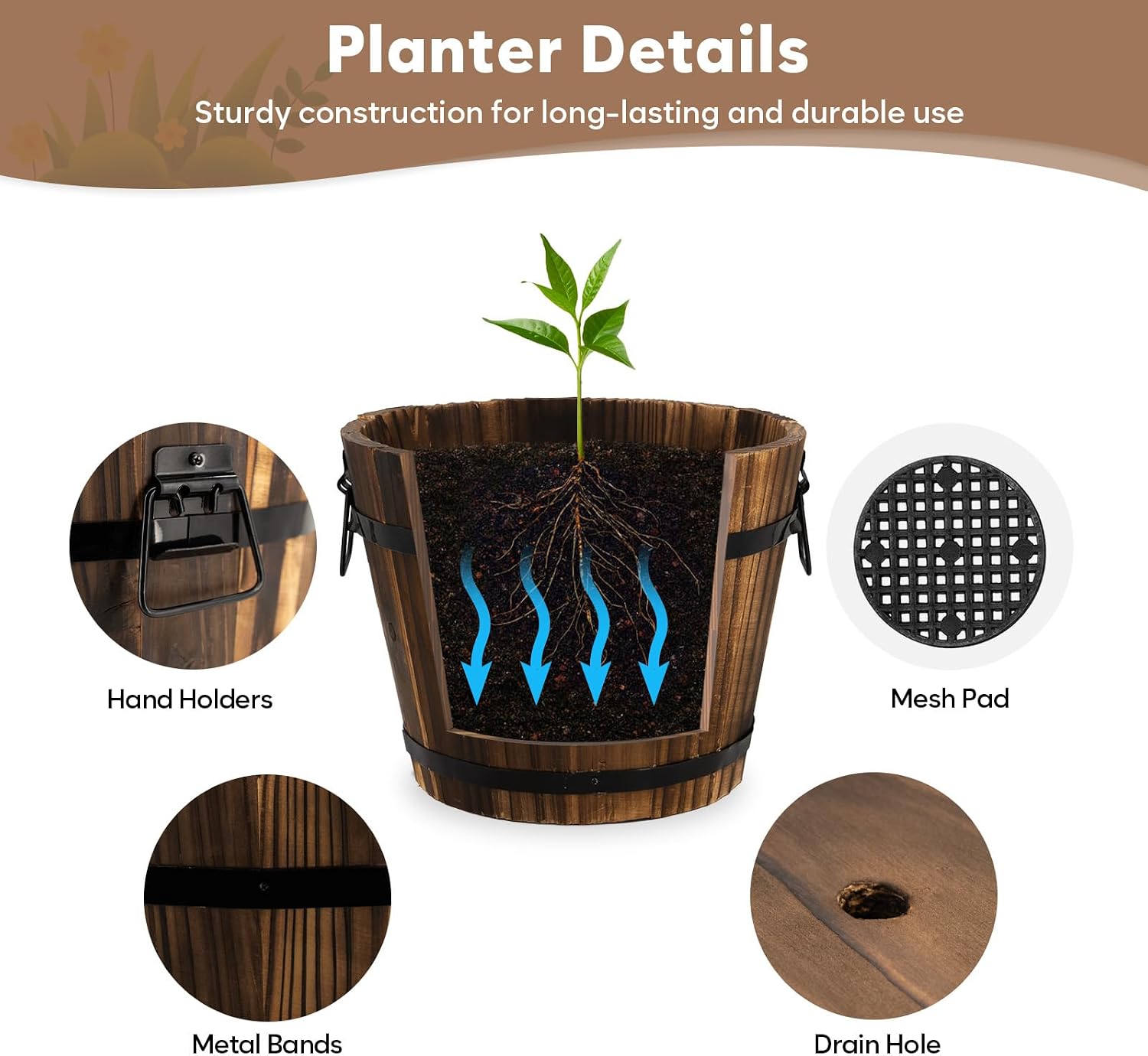 Wooden Barrel Planters, 8 inch 7 inch Plant Pot with Drainage Holes for Indoor Plants Decor, Set of 2