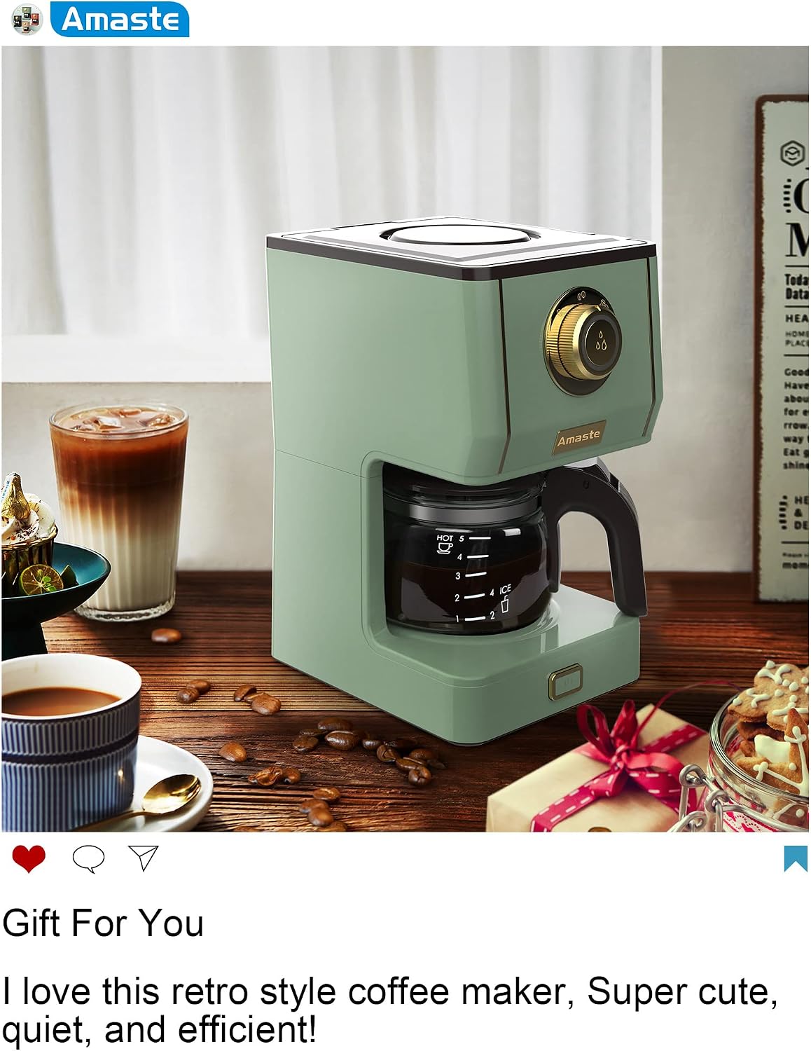 Amaste Drip Coffee Maker, Coffee Machine with 25 Oz Glass Coffee Pot, Retro Style Coffee Maker with Reusable Filter & Three Brewing Modes