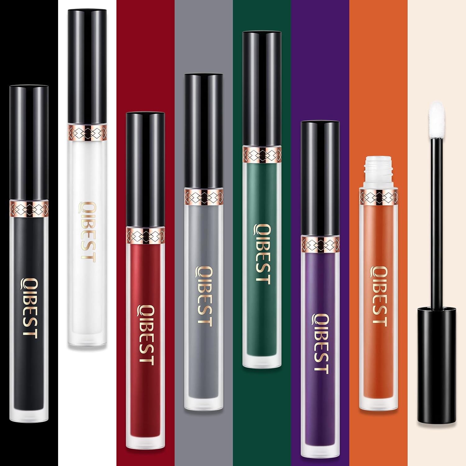 QiBest 7Pcs Matte Liquid Lipstick + 1Pcs Lip Plumper Makeup Set Kit, Pigmented Long Lasting Lip Gloss Set