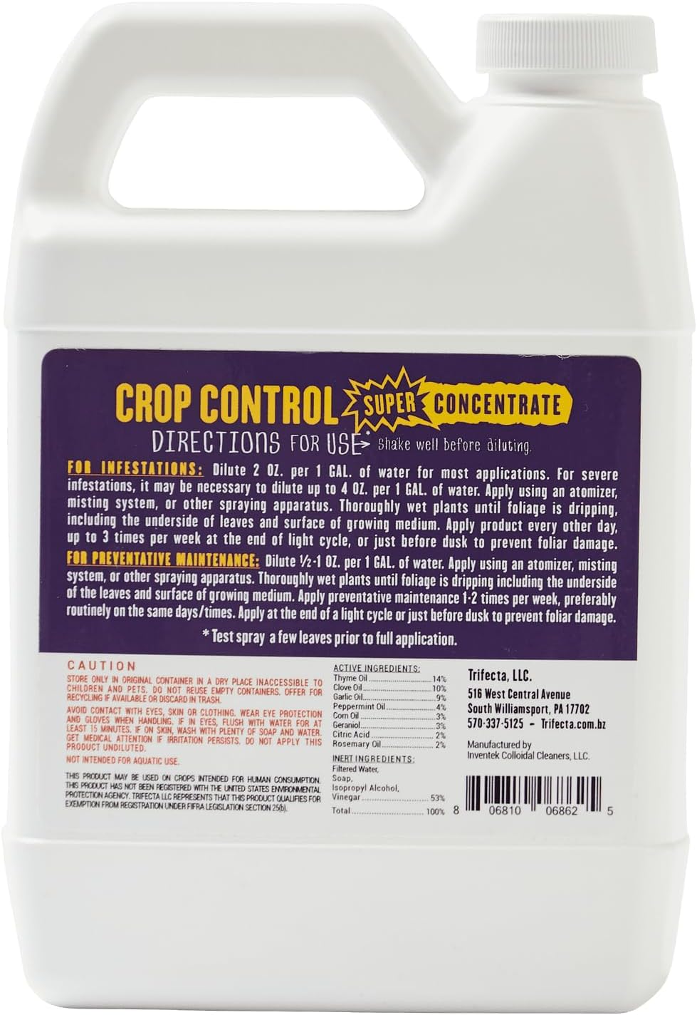 Trifecta Crop Control Super Concentrate | 4 oz | All-in-One Pesticide, Fungicide, Miticide And Insecticide | For Spider Mites, Mildew, Mold And Botrytis