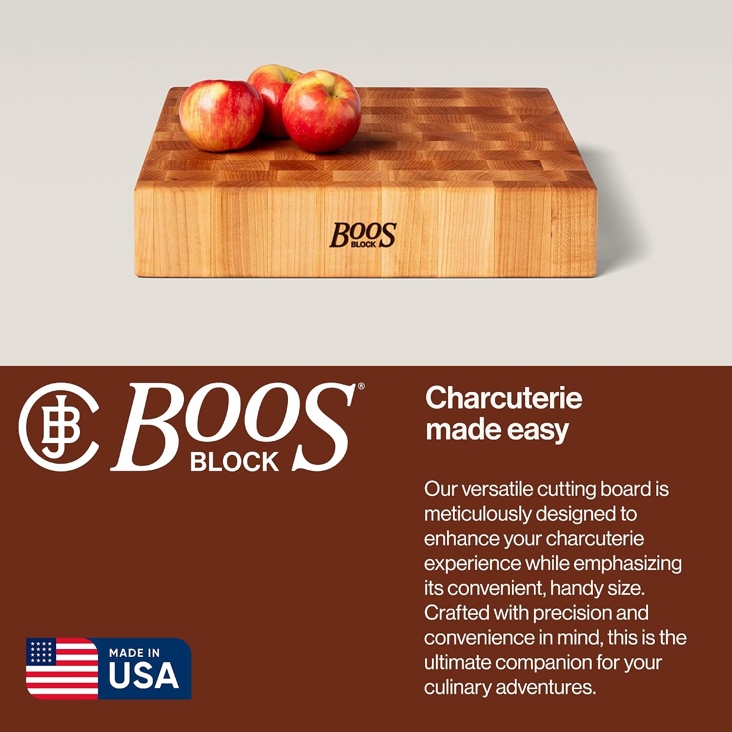 John Boos CCB Series Square Wooden Maple Cutting Board 12”x12” – 3” Thick, 13-lb Reversible Butcher Block with End-Grain & Finger Grips – Made in the USA