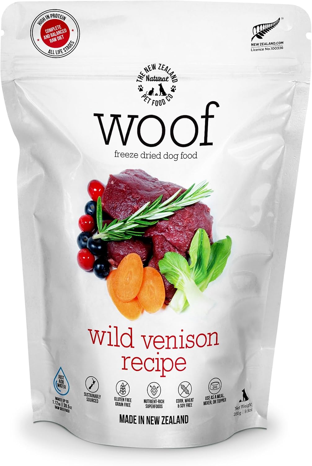 The New Zealand Natural Pet Food Co. Woof Freeze Dried Dog Food - Wild Venison, High Protein, Dog Food Topper & Dog Treats, All Life Stages, 1.76 oz