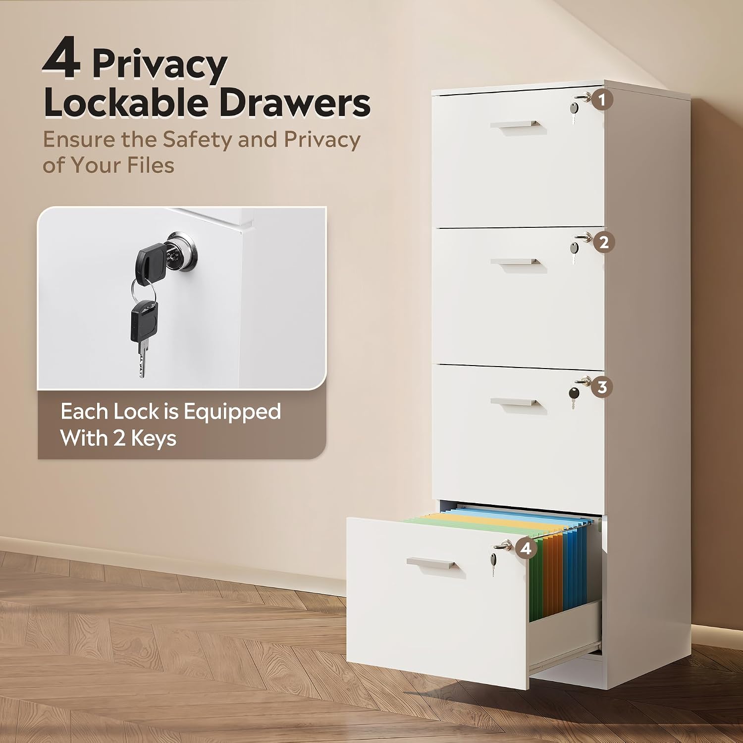 DEVAISE 3 Drawer Wood File Cabinet with Lock, Fits Letter and A4 Size | Wooden Tall Vertical Filing Cabinet, Home Office Printer Stand, Easy Assembly, White